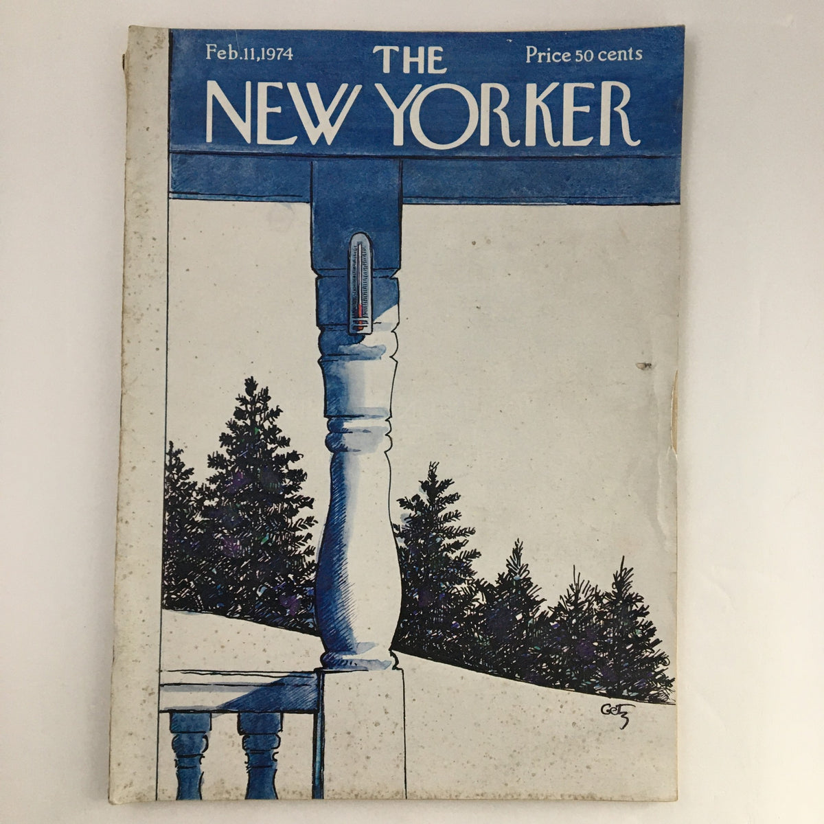 The New Yorker Magazine February 11 1974 cover featuring a detailed illustration by Arthur Getz, showcasing a vintage thermometer and snowy evergreen trees.