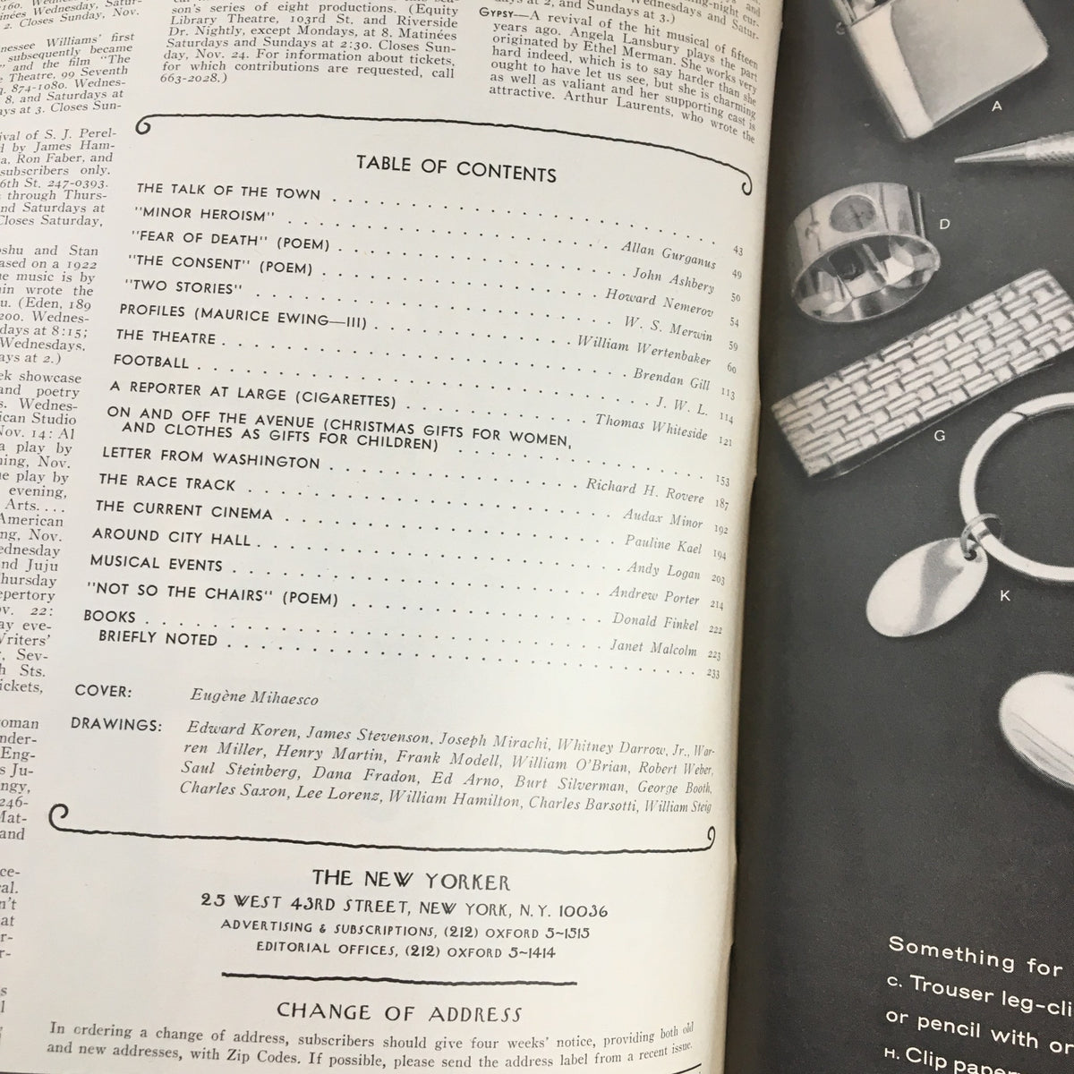 Table of Contents page from The New Yorker Magazine, November 18, 1974, detailing featured articles and poetry, with cover art credited to Eugene Mihaesco.