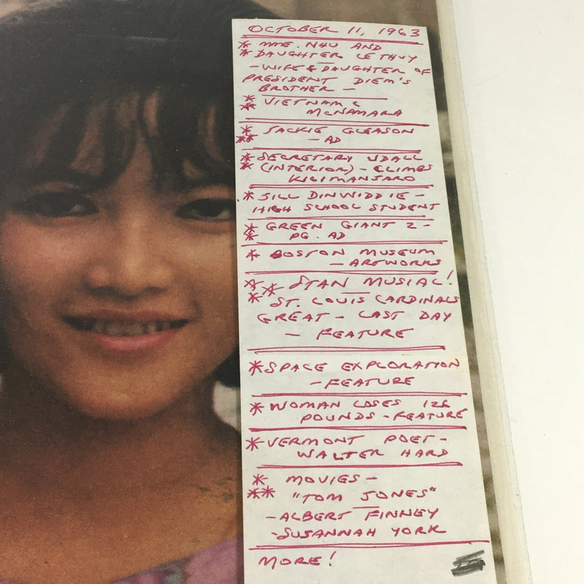 Close-up of the contents page from the VTG Life Magazine October 11 1963, highlighting features and articles including Madame Nhu, Vietnam, and notable cultural aspects of the time.