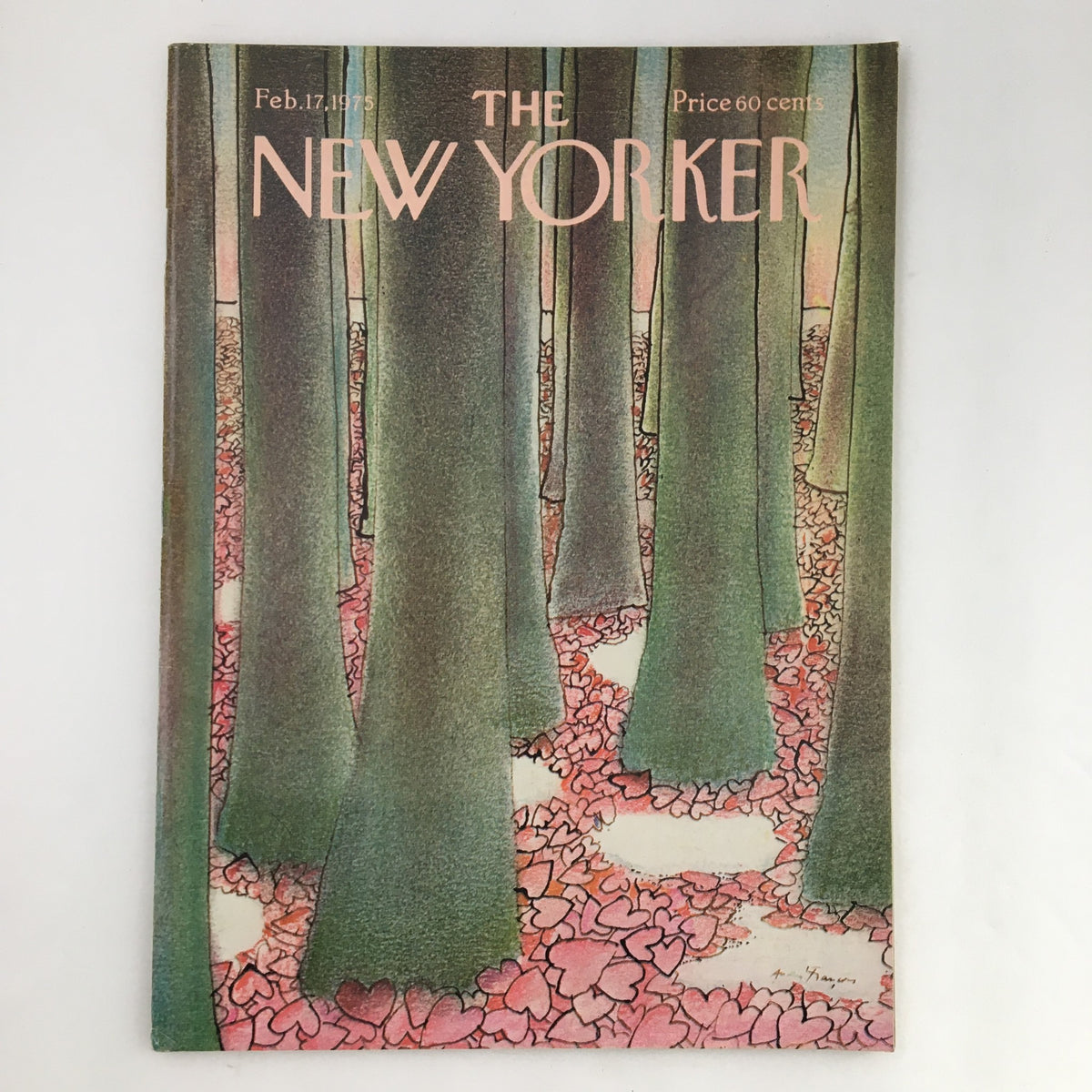 The New Yorker Magazine February 17 1975 Full Theme Cover by Andre Francois featuring a captivating illustration of trees with pink petals on the ground.