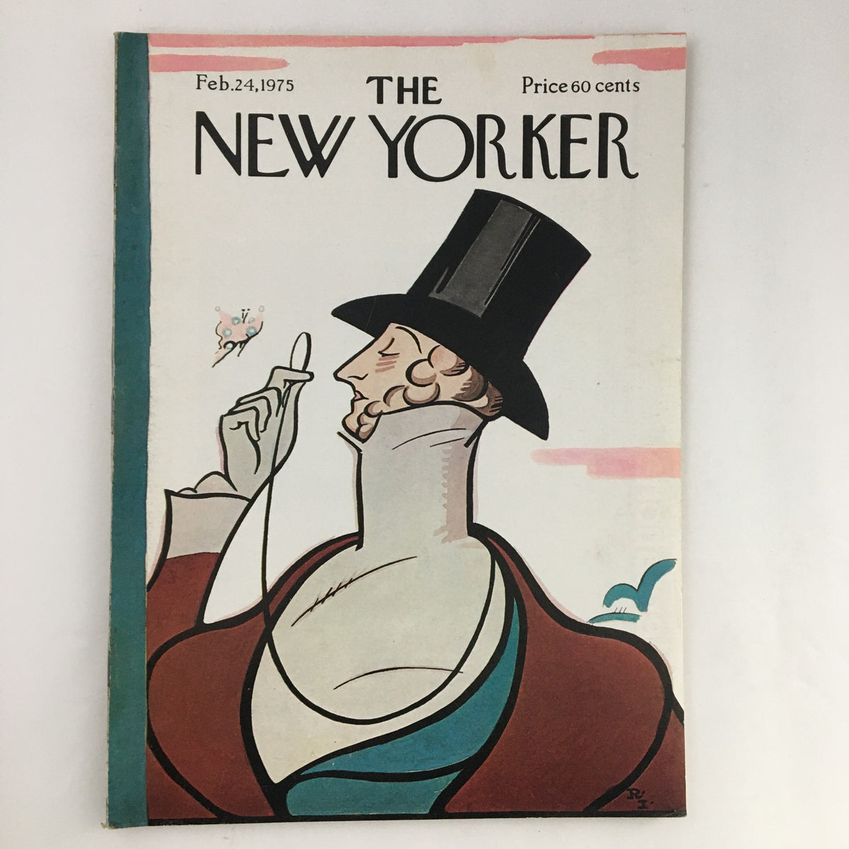 Cover of The New Yorker Magazine, February 24, 1975, featuring the iconic Eustace Tilley illustration by Rea Irvin, showcasing a whimsical character in a top hat against a colorful background.