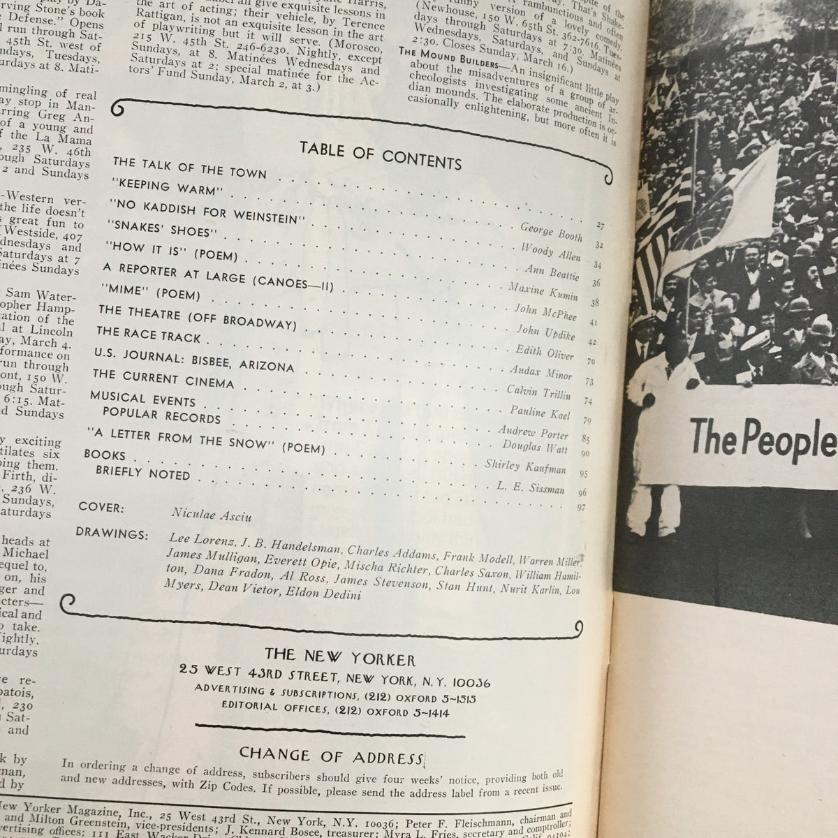 Table of contents page from The New Yorker Magazine March 3, 1975, detailing featured articles and contributors, with a cover illustration noted as 'Disabled Ship' by Niculae Asciu.