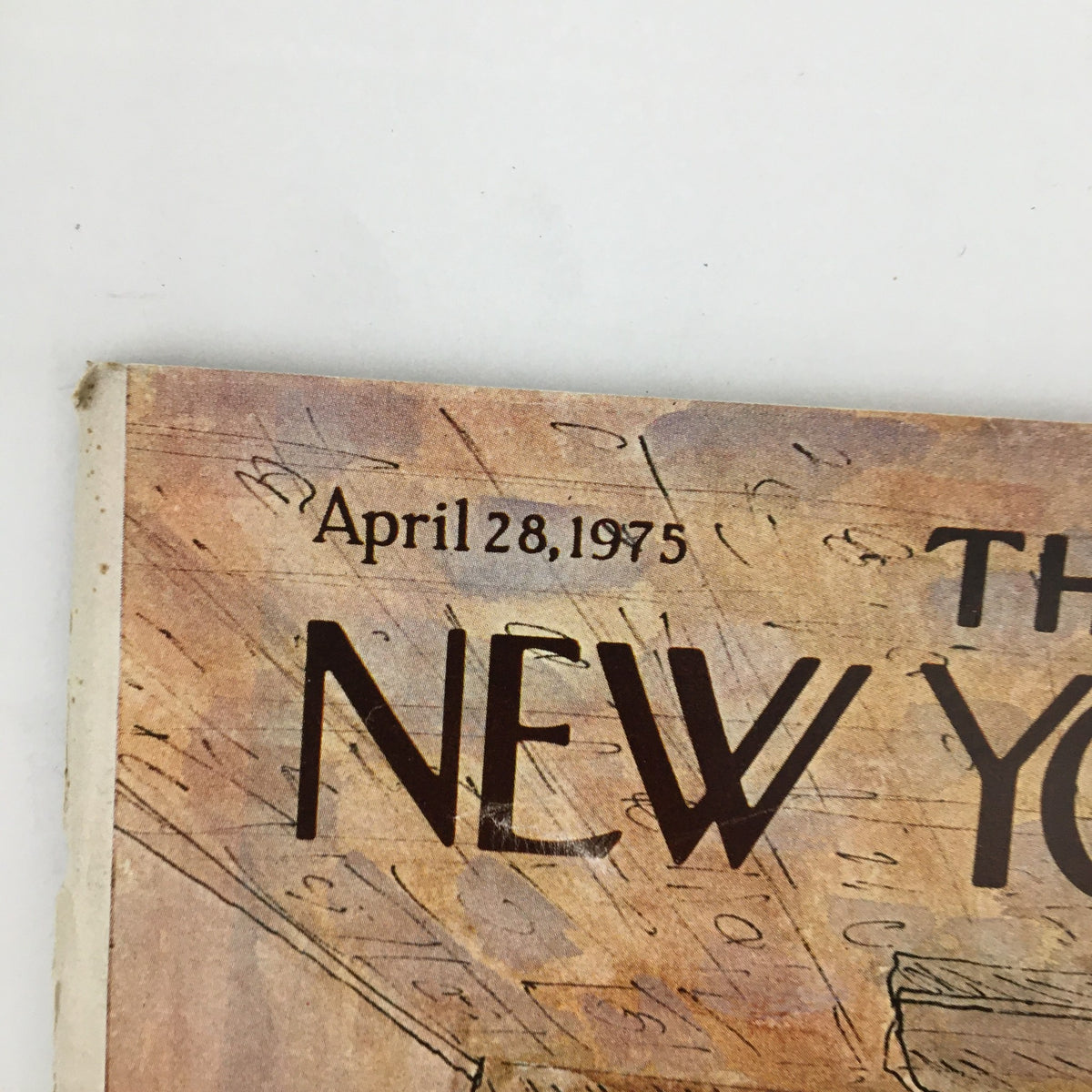 Top corner view of The New Yorker Magazine April 28 1975, capturing the magazine title and publication date at the top with emphasis on the artistic feel of the cover.