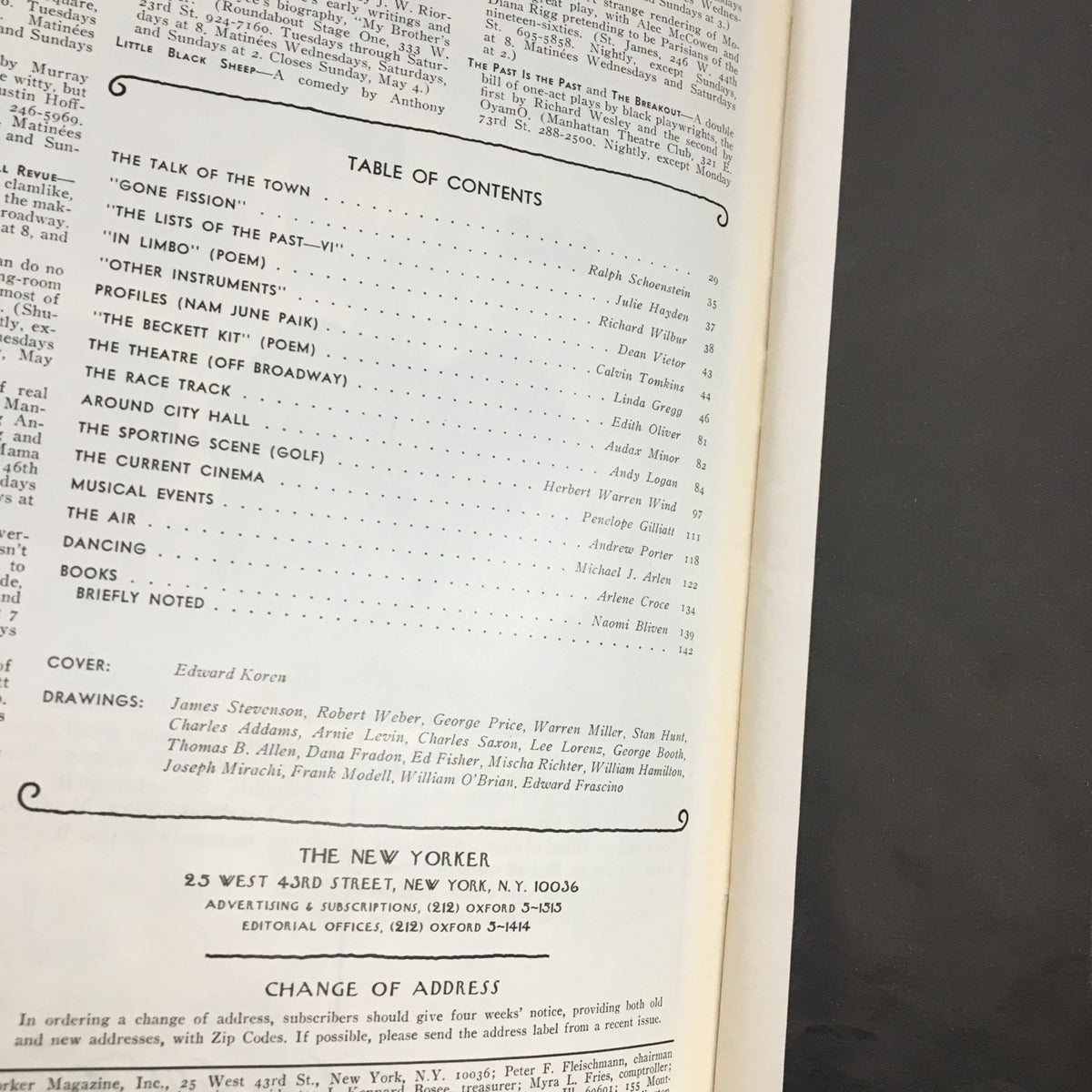Table of contents page from The New Yorker Magazine May 5 1975, detailing articles and contributions by various writers, with the cover artist Edward Koren credited.