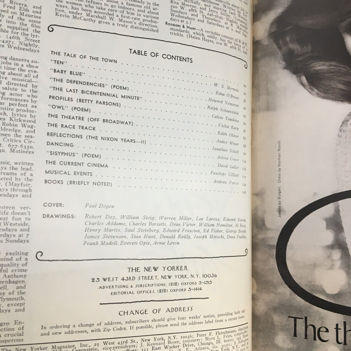 Table of Contents page from The New Yorker Magazine June 9, 1975, featuring articles including 'The Dependencies' by Paul Degen and other notable contributions, showcasing the magazine's diverse content.