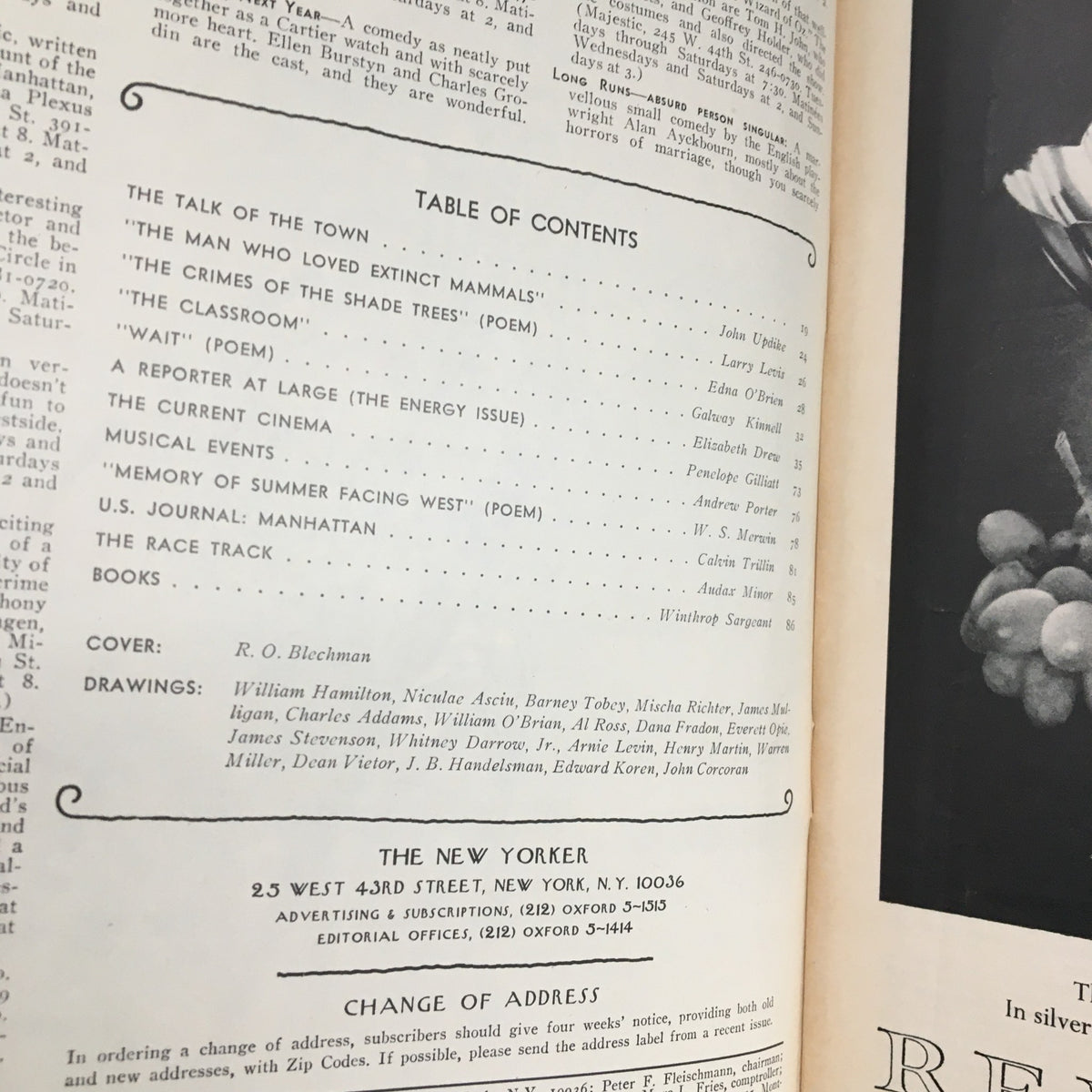 Table of contents from The New Yorker Magazine July 21, 1975, indicating featured articles, poems, and illustrations including the cover by R.O. Blechman.