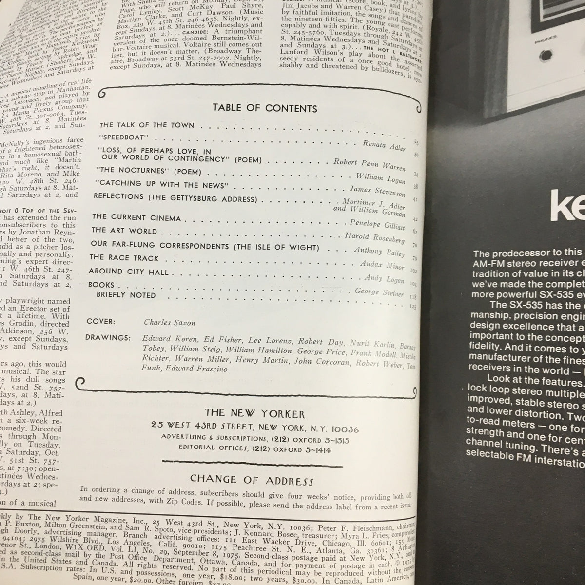 Inside page of The New Yorker Magazine September 8, 1975, displaying the table of contents and contributions from various writers, illustrating the magazine's rich literary heritage.