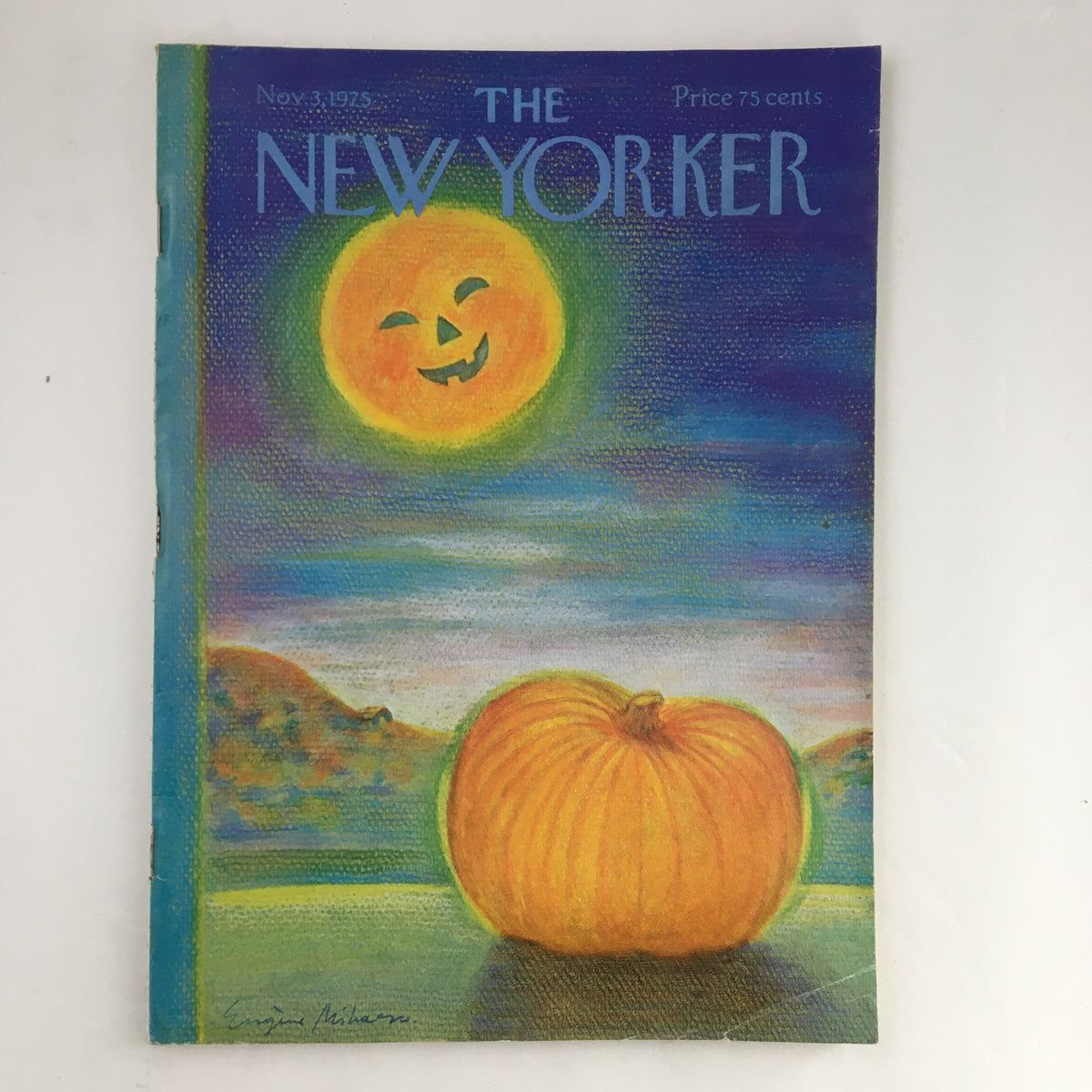 Cover of The New Yorker Magazine, November 3, 1975, featuring a colorful illustration of a smiling pumpkin and moon by Eugene Mihaesco, capturing the spirit of autumn.