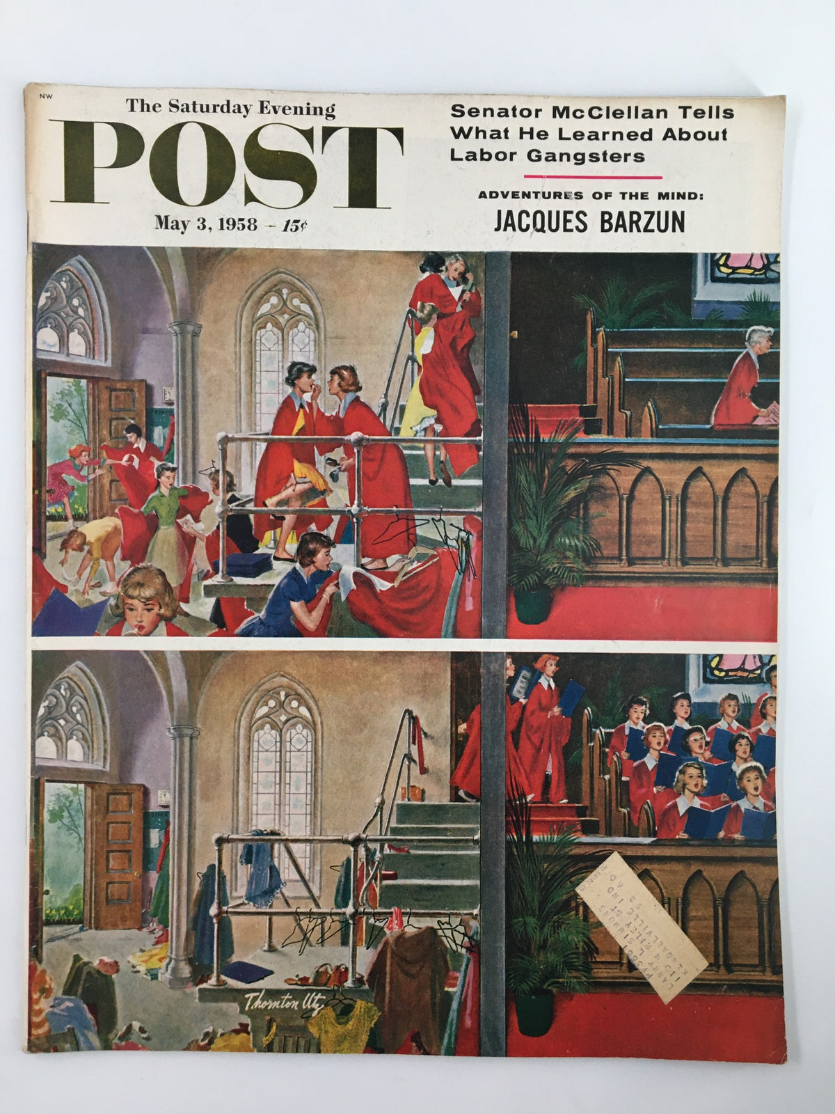 Cover of The Saturday Evening Post May 3 1958 featuring Adventures of the Mind by Jacques Barzun, depicting vibrant scenes of women in red dresses and a choir setting.