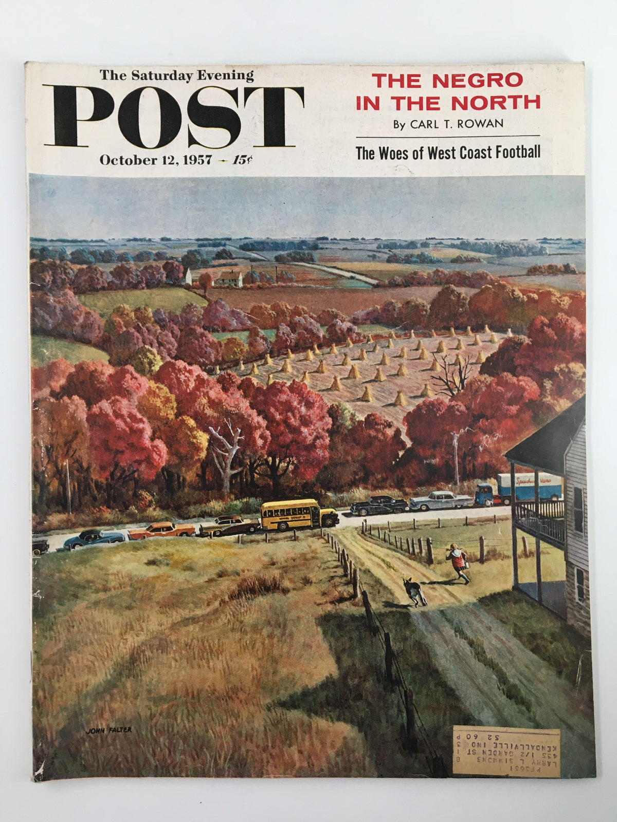 Cover of The Saturday Evening Post from October 12, 1957, featuring the article 'The Negro in the North' by Carl T. Rowan, illustrated by John Falter, showcasing a picturesque autumn landscape.