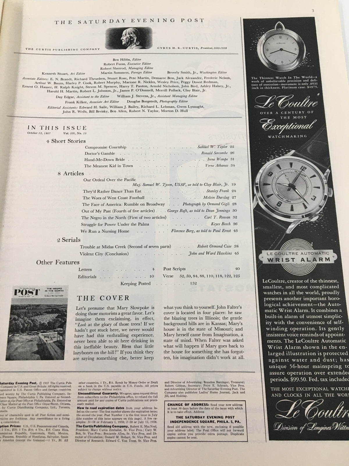 Interior page layout of The Saturday Evening Post October 12, 1957, detailing articles and features, including the cover story 'The Negro in the North'.