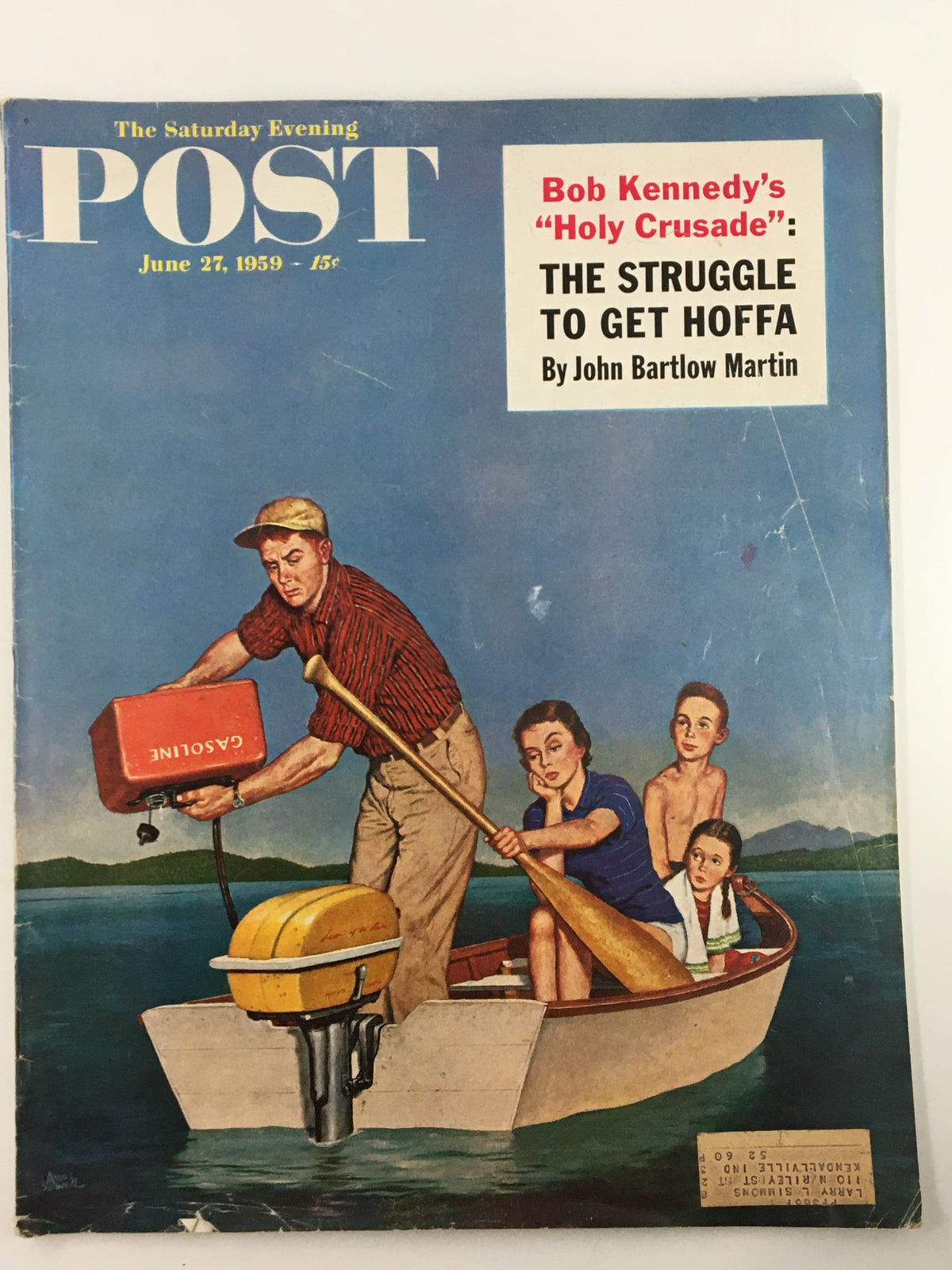 Cover of The Saturday Evening Post from June 27, 1959, featuring the title 'The Struggle To Get Hoffa' with a depiction of a family in a boat.
