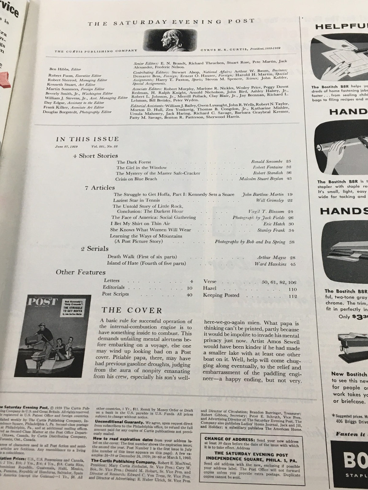 Table of contents page from The Saturday Evening Post, June 27, 1959, including an article titled 'The Struggle To Get Hoffa'.