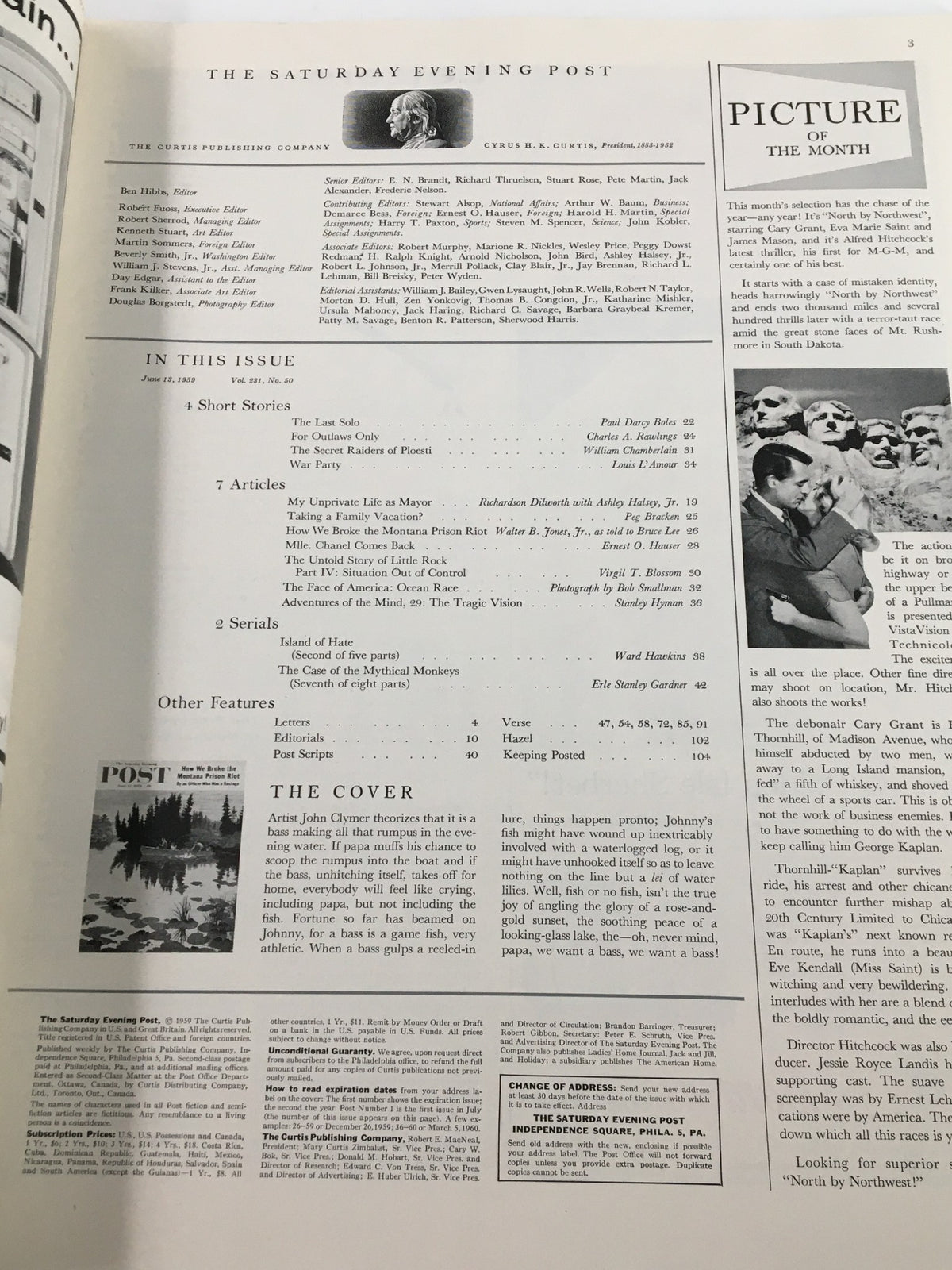 Interior page of The Saturday Evening Post June 13 1959 containing the table of contents, highlighting features including the article 'How We Broke the Montana Prison Riot' and various other content from the issue.