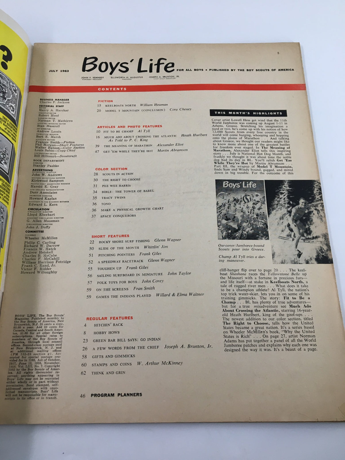Interior page of Boys' Life Magazine, July 1963, displaying the table of contents with featured articles and contributions, emphasizing its connection to the Boy Scouts.