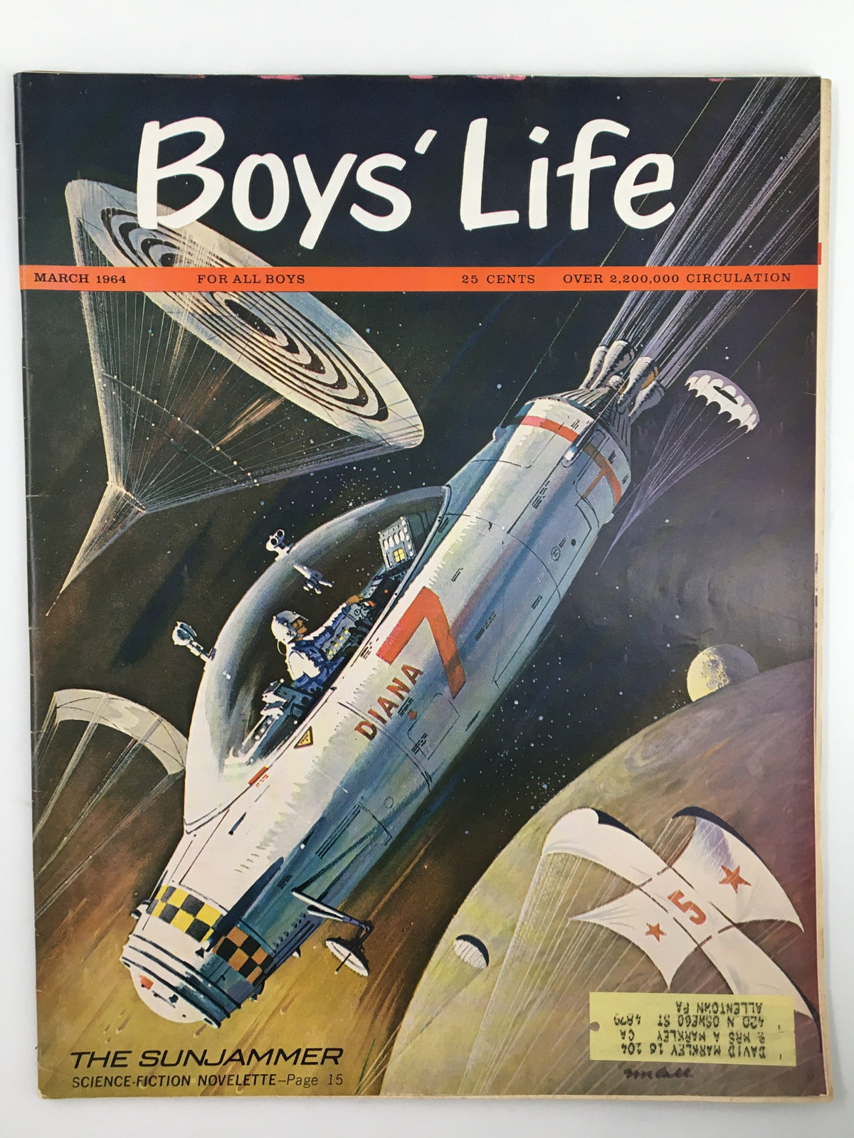 Cover of VTG Boys' Life Magazine March 1964 featuring the science-fiction novelette 'The Sunjammer', showcasing an illustration of a spacecraft set against a cosmic background.