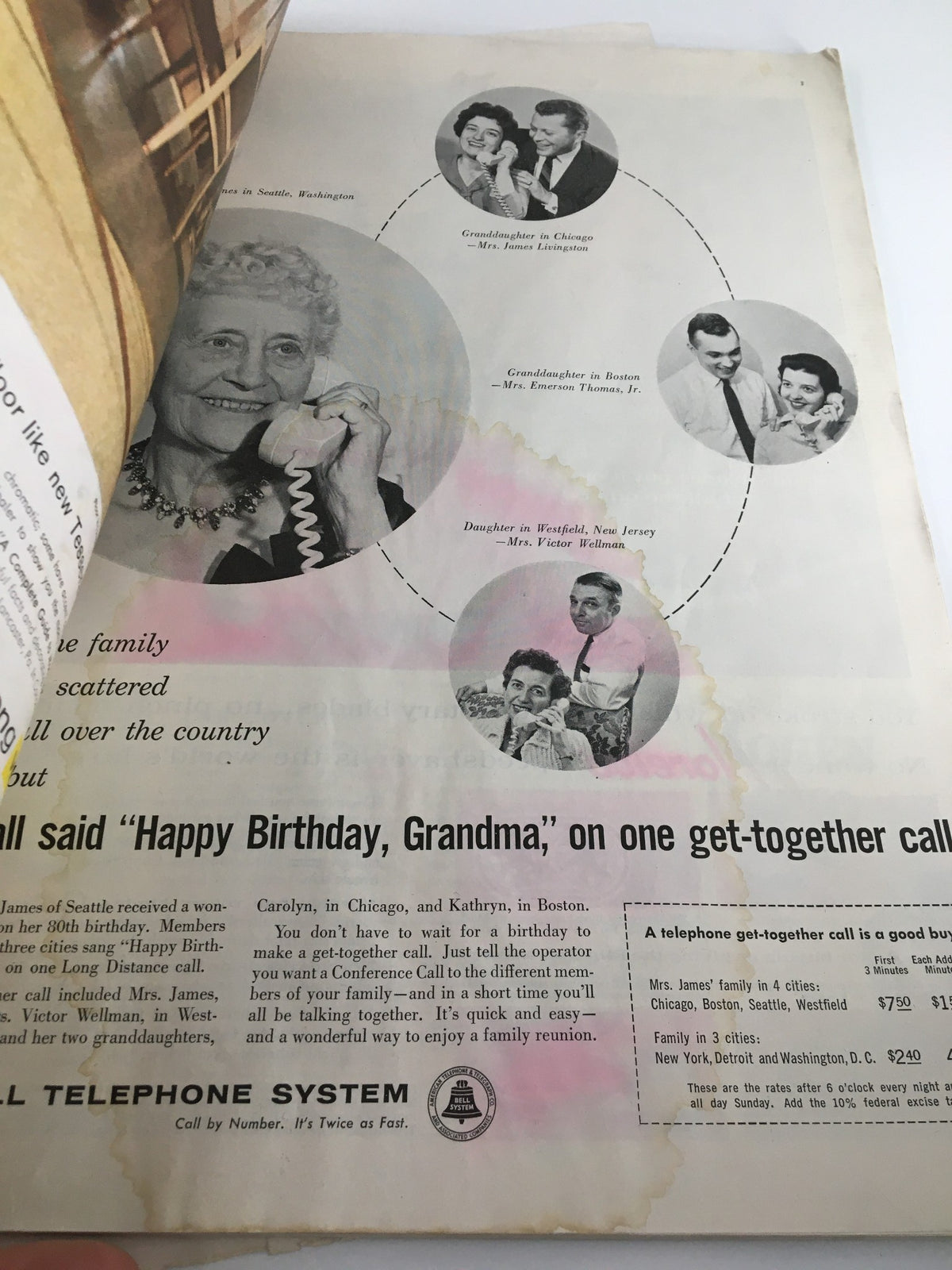 Interior page of The Saturday Evening Post from October 24, 1959, featuring an advertisement and a photograph of a woman on the phone for 'get-together calls'.