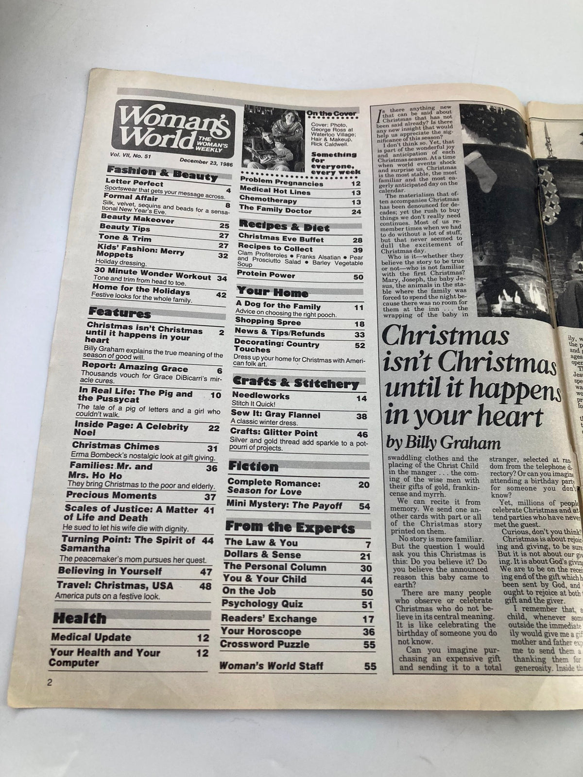 Contents page of Woman's World Magazine December 23 1986, featuring articles on fashion, health, and holiday recipes including a Christmas message from Billy Graham, and various sections of interest.