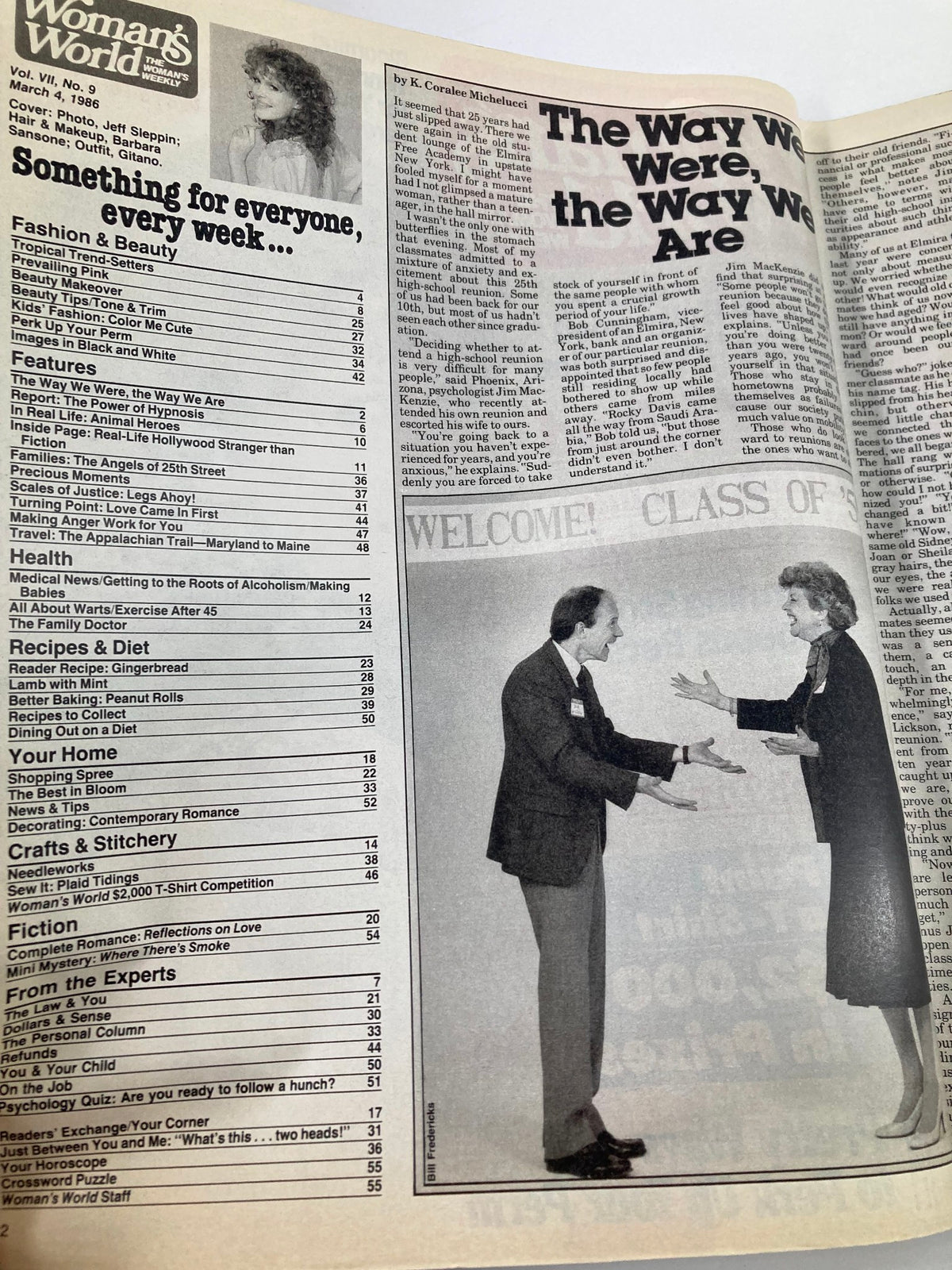 Inner pages of Woman's World Magazine March 4 1986 displaying the table of contents and a feature article titled 'The Way We Were, the Way We Are' with images and text.
