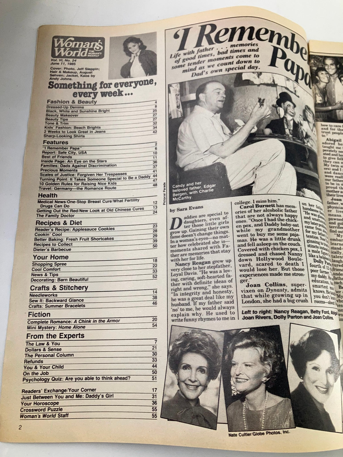 Interior page of Woman's World Magazine June 11, 1985 showing the table of contents with various sections on health, beauty, and lifestyle topics.