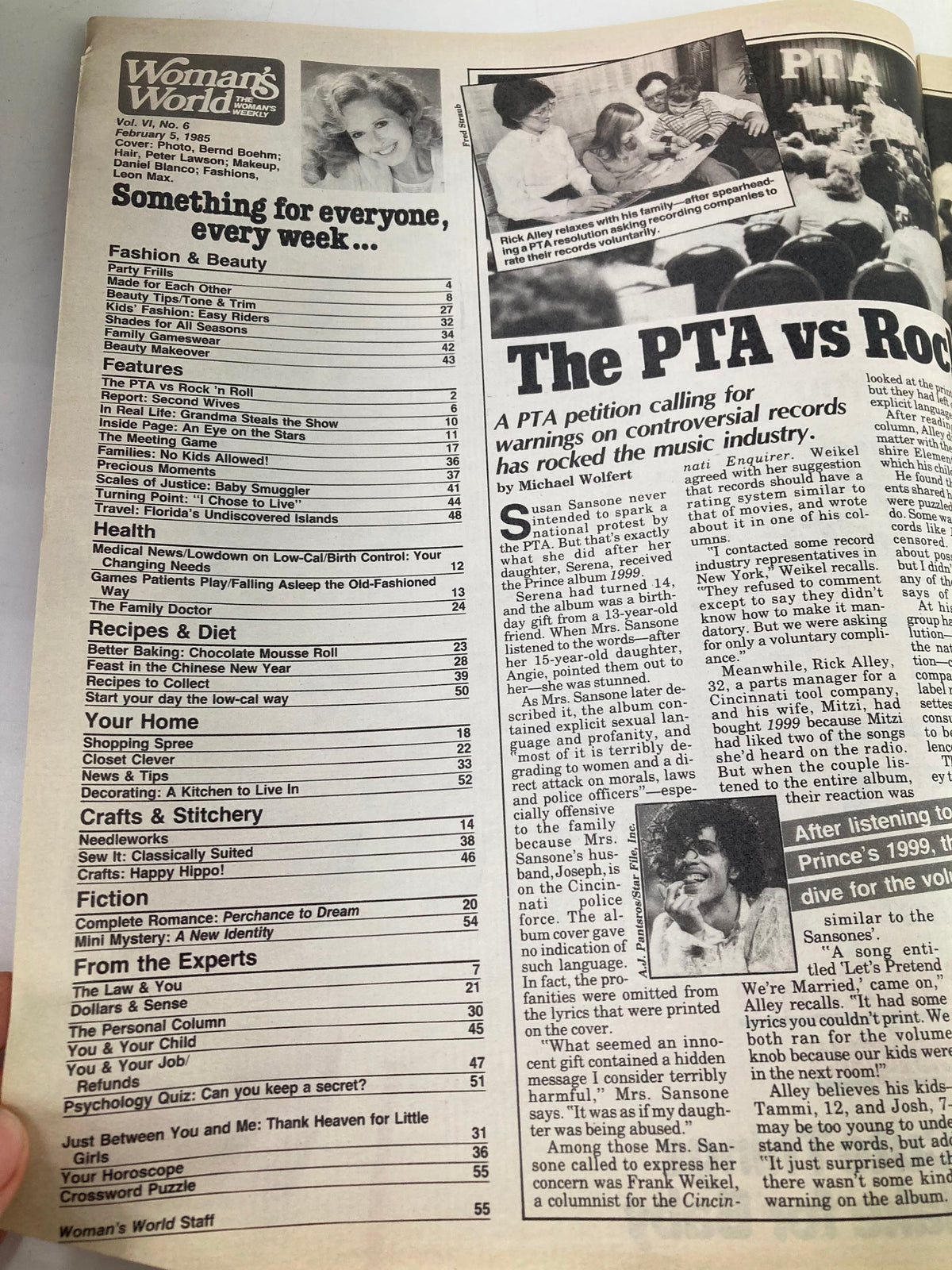 Interior page of Woman's World Magazine, February 5, 1985, displaying a contents list including sections on fashion, health, and recipes.