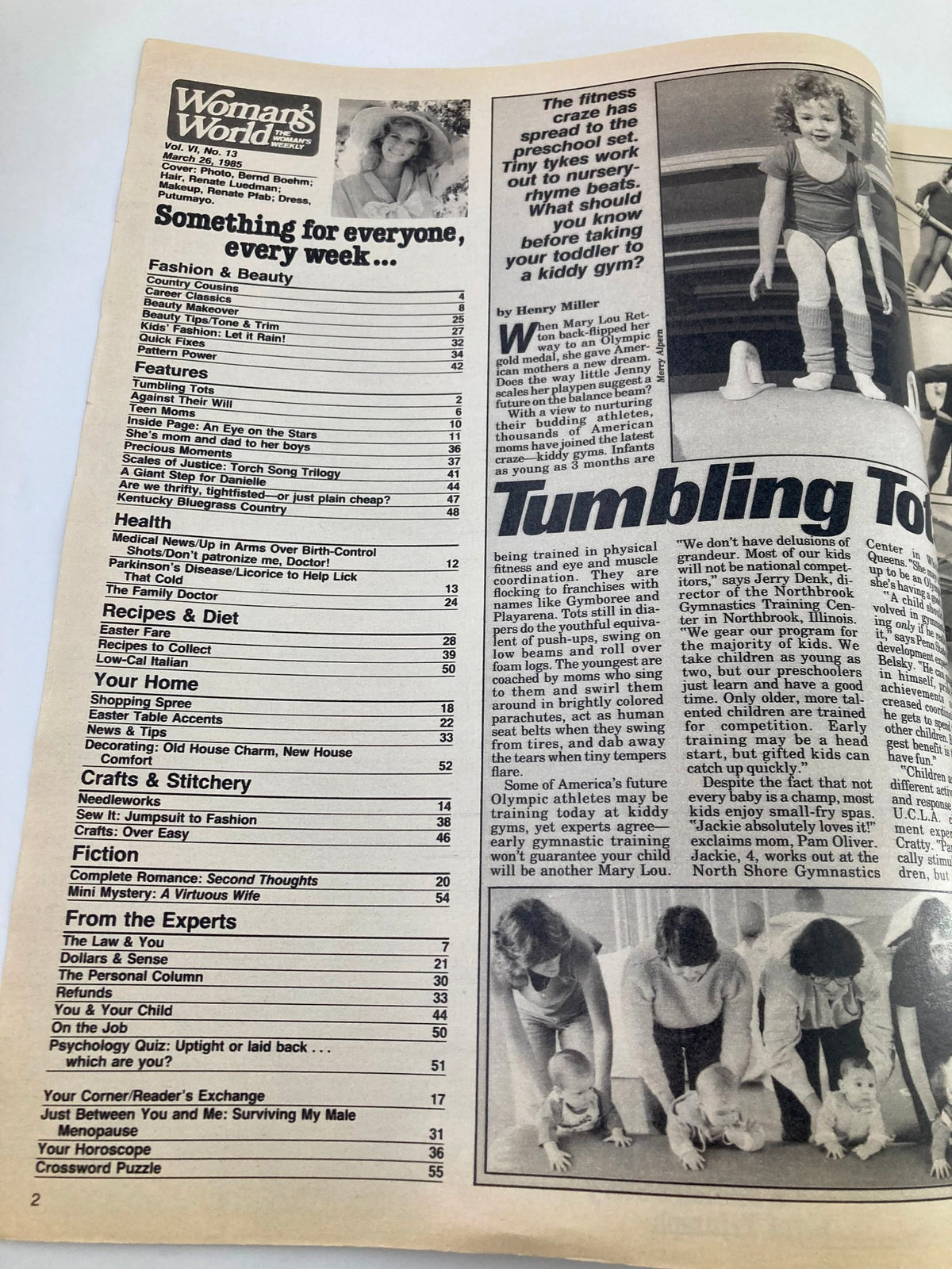 Inside page of Woman's World Magazine March 26 1985 featuring articles on Fashion, Health, Recipes, and Crafts. The page includes a table of contents with highlights such as 'Tumbling Tots' and 'Your Home'.