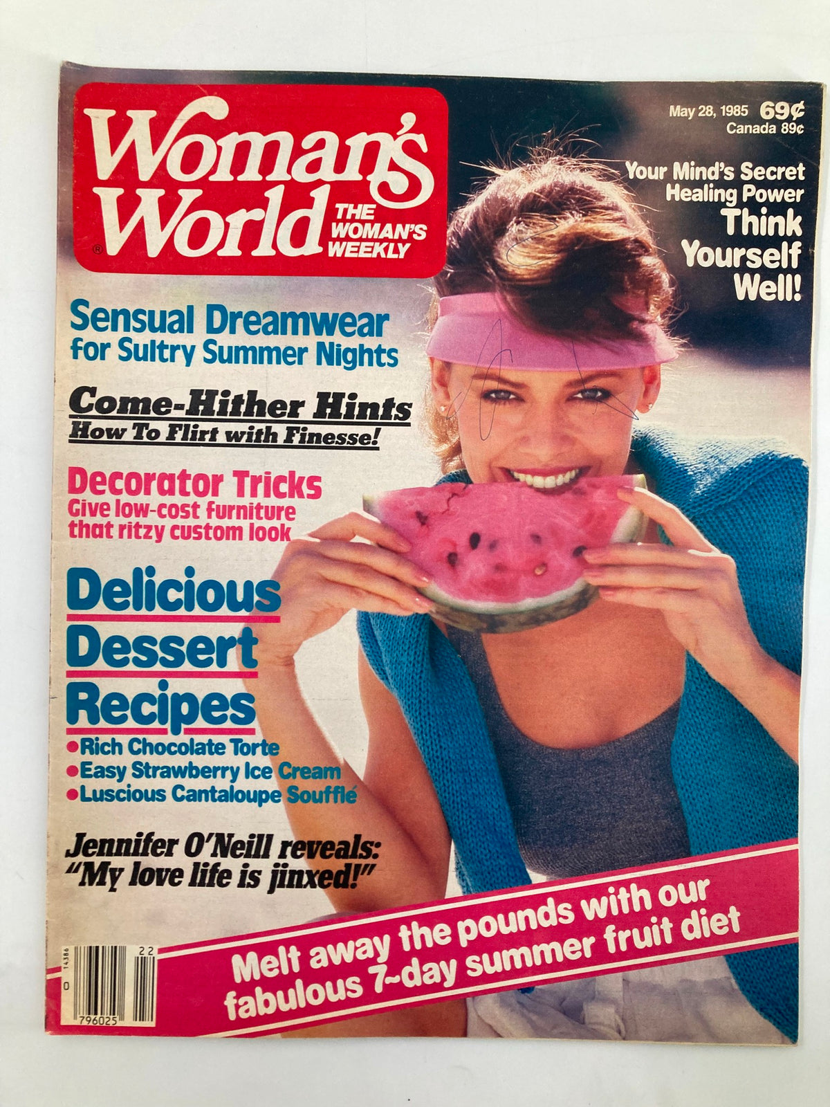 Cover of Woman's World Magazine, May 28, 1985, featuring an article on 'Your Mind's Secret Healing Power' with a woman enjoying a slice of watermelon.