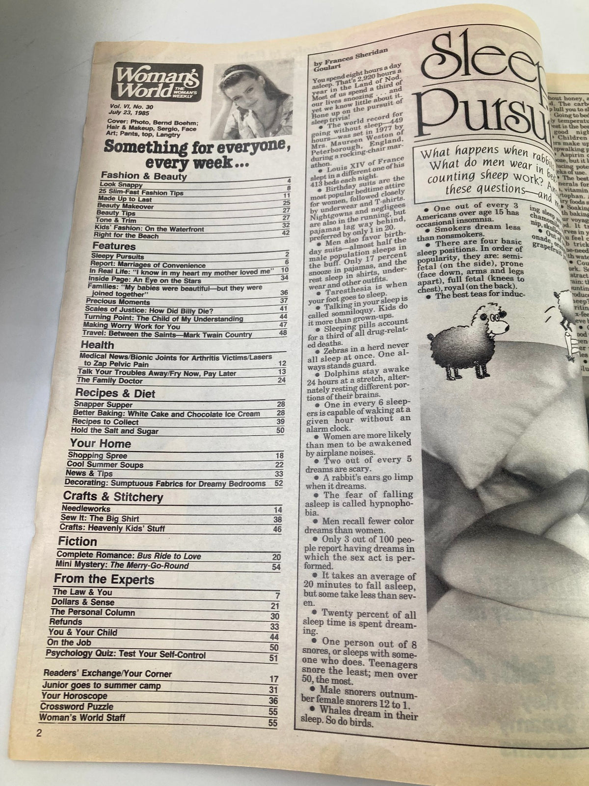 Inside page of Woman's World Magazine July 23 1985 showcasing the table of contents with various features, health articles, recipes, and crafts.