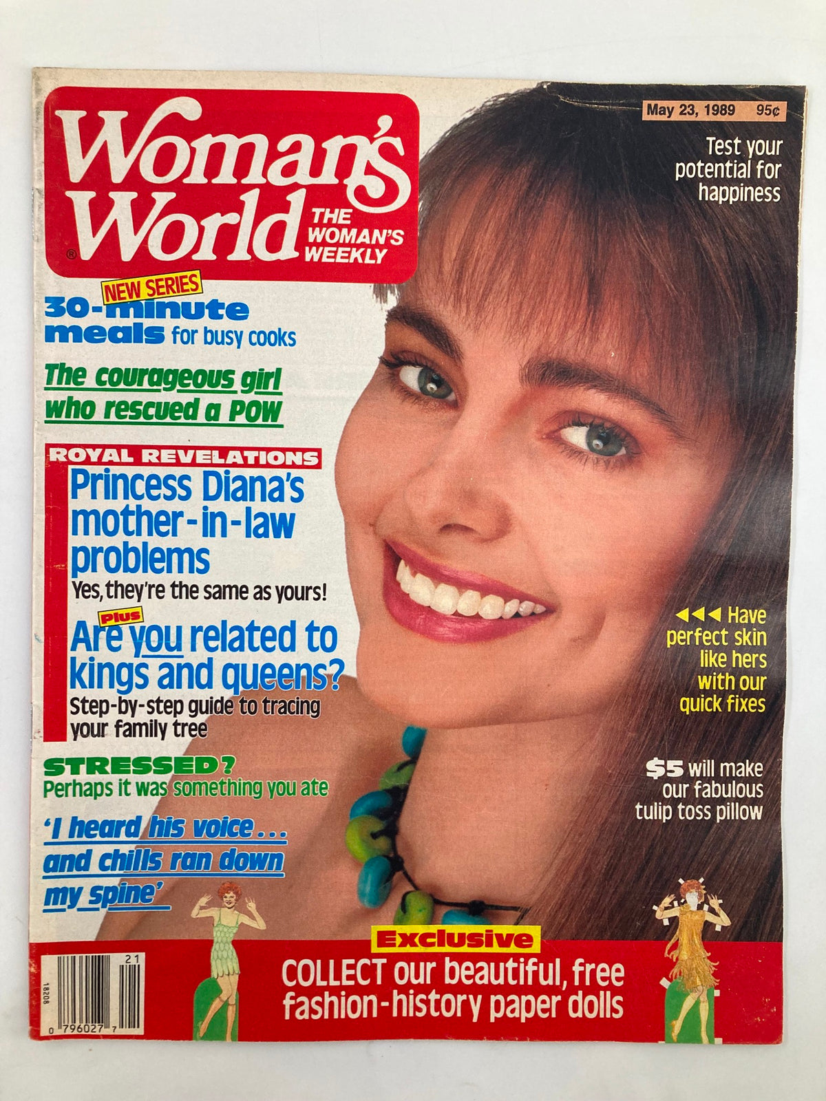 Cover of Woman's World Magazine, May 23, 1989, featuring headlines about Princess Diana's mother-in-law problems and articles on family trees and stress relief tips.