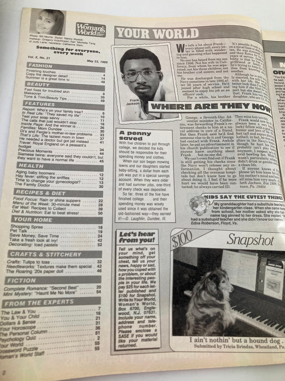 Interior page of Woman's World Magazine from May 23, 1989, displaying a section titled 'Your World' with content including health tips and community news.