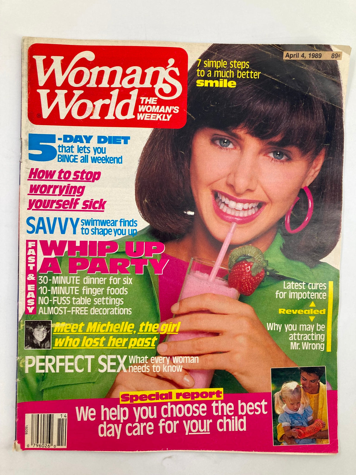 Cover of Woman's World Magazine April 4 1989 featuring Shelley Long with a pink drink, promoting diet tips and party ideas.