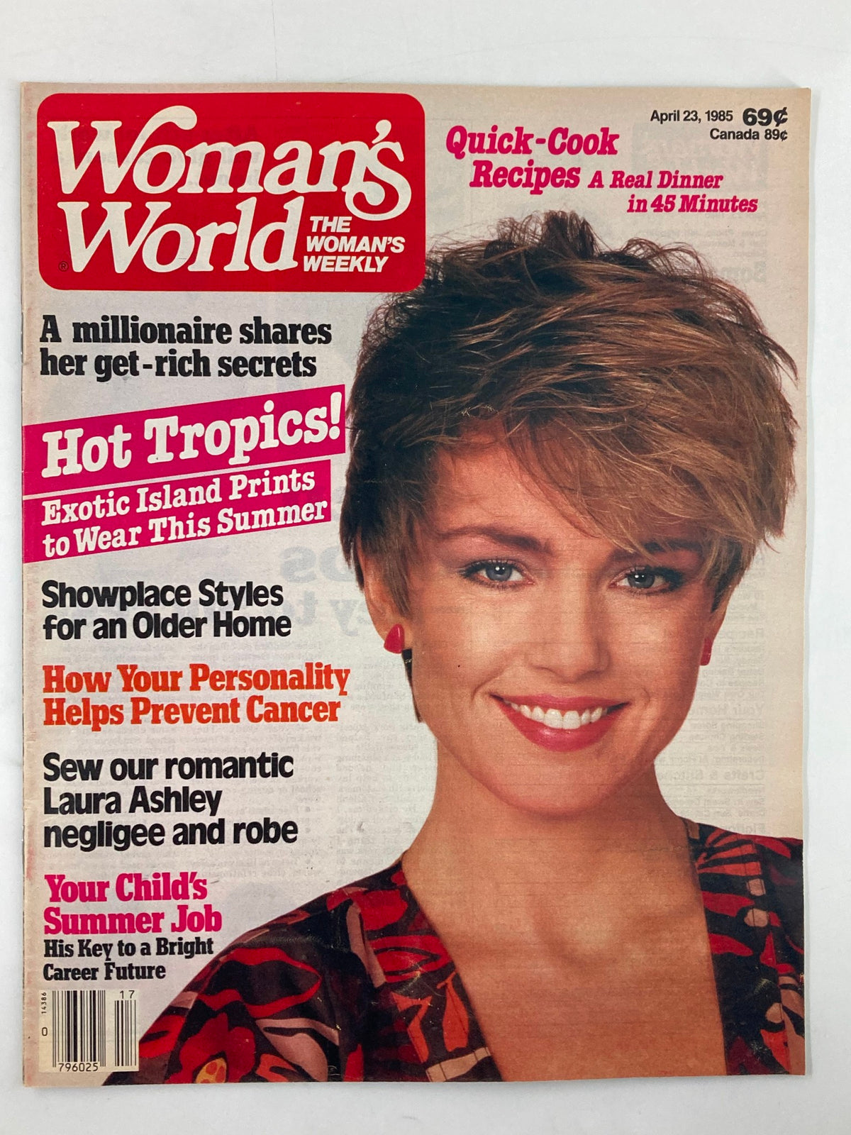 Cover of Woman's World Magazine April 23 1985 featuring the theme 'Exotic Island Prints for Summer'. Includes articles on hot tropics, personal health, and quick recipes.