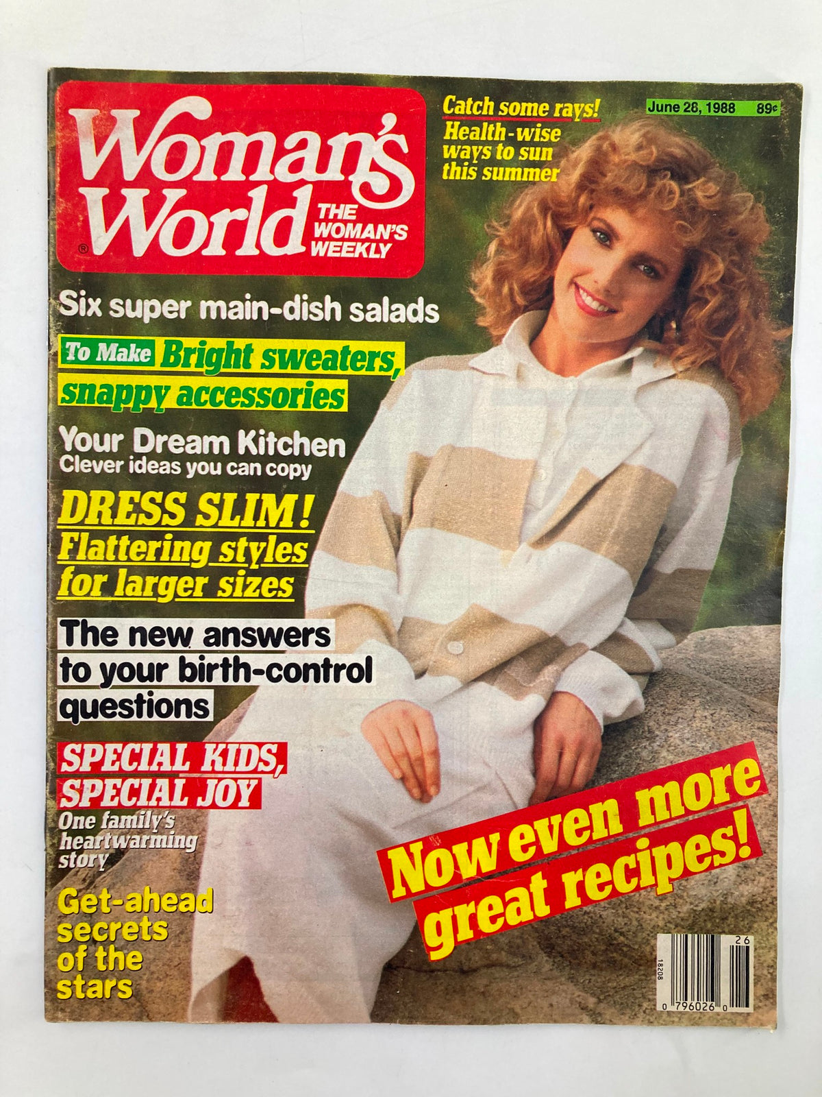 Cover of Woman's World Magazine dated June 26, 1988, featuring tips on fashion and recipes, and an image of a woman smiling in a striped outfit.