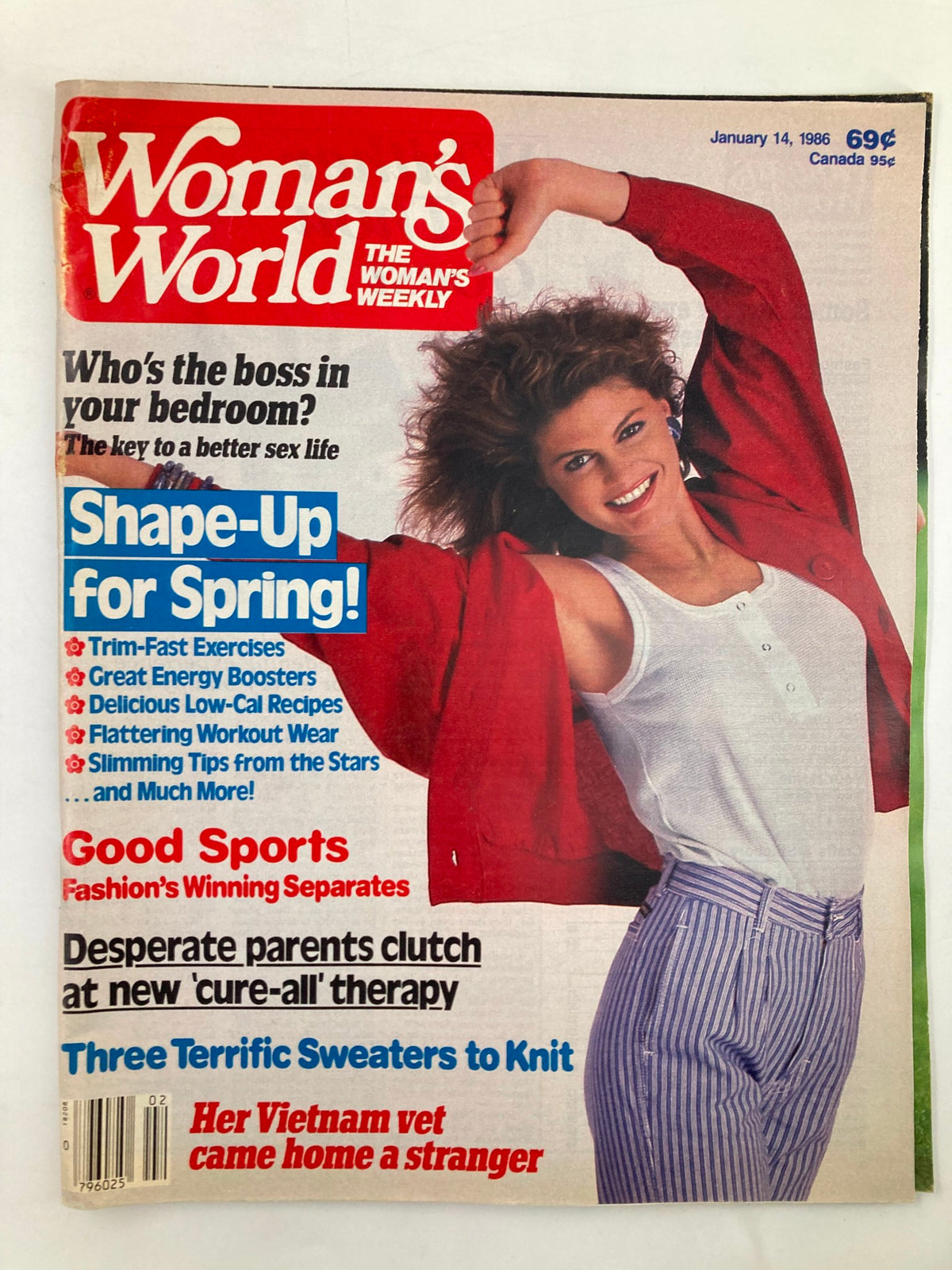 Front cover of Woman's World Magazine January 14 1986 featuring a model in a red cardigan, promoting features like 'Trim-Fast Exercises' and 'Shape-Up for Spring!' Good condition with minor wear.