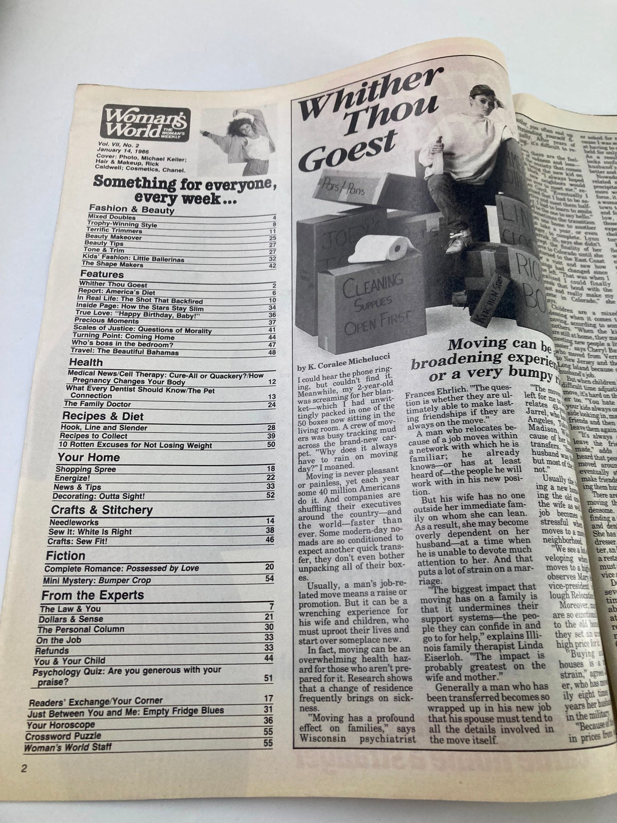 Interior page of Woman's World Magazine from January 14, 1986, featuring the article 'Whither Thou Goest' with a photo of a woman surrounded by moving boxes labeled with household items, along with a table of contents highlighting various sections such as Fashion & Beauty, Health, and Recipes.