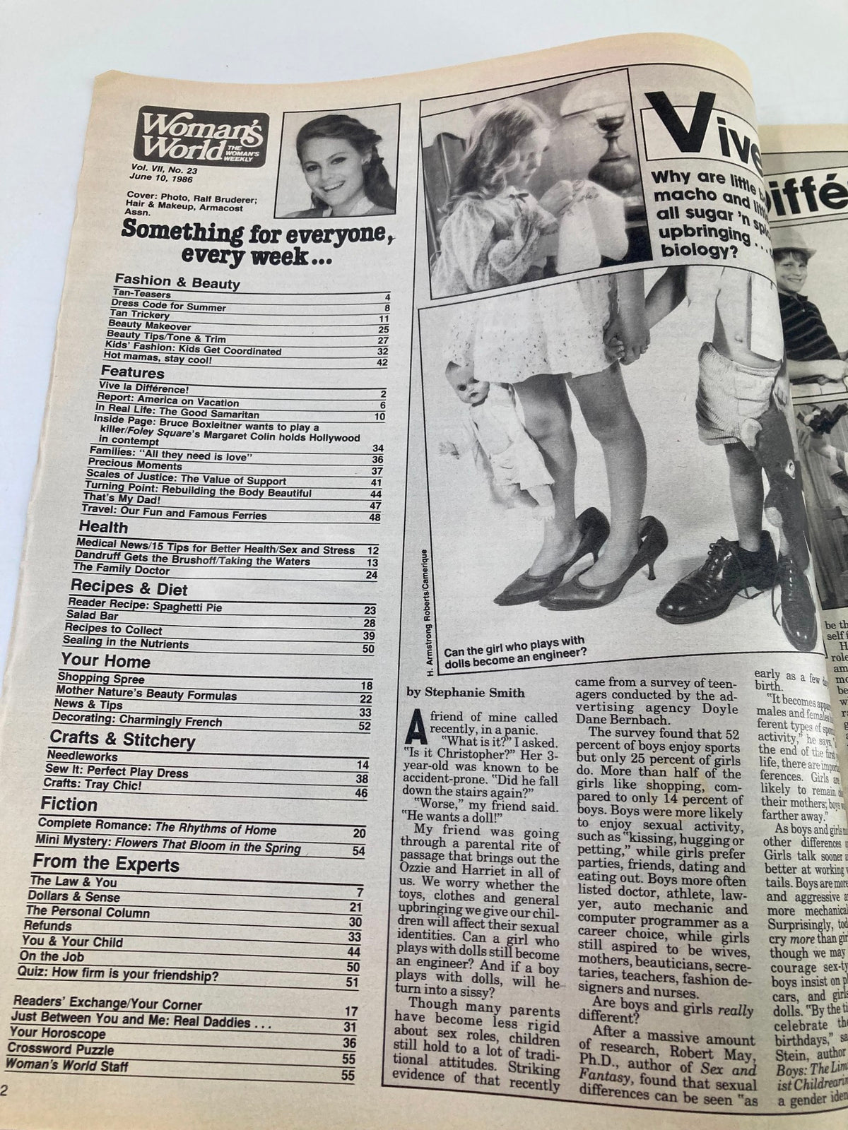 Interior page of Woman's World Magazine from June 10, 1986, displaying the table of contents with sections on fashion, health, features, and recipes, relevant to the themes of women's experiences and health.