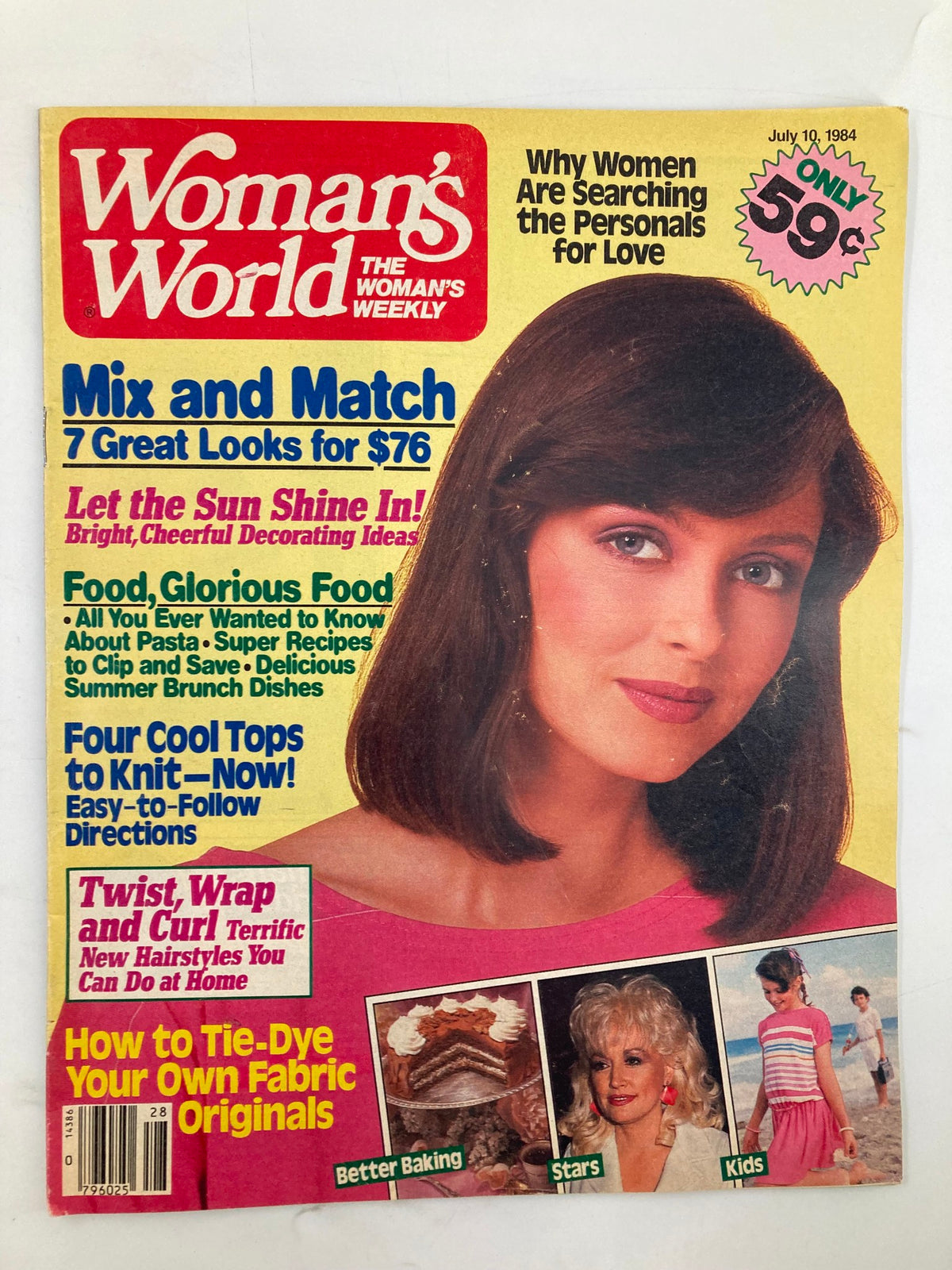 Woman's World Magazine July 10 1984 cover featuring a woman with brown hair alongside headlines about fashion, recipes, and DIY fabric tie-dye projects.