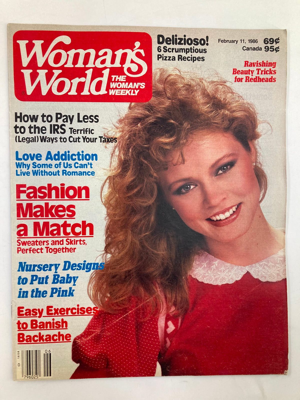 Cover of Woman's World Magazine, February 11, 1986, featuring articles on taxes, romance, fashion, and exercise. The issue, titled 'A Feeling for the Past,' highlights a woman with curly hair wearing a red outfit, along with colorful headlines promoting various topics.