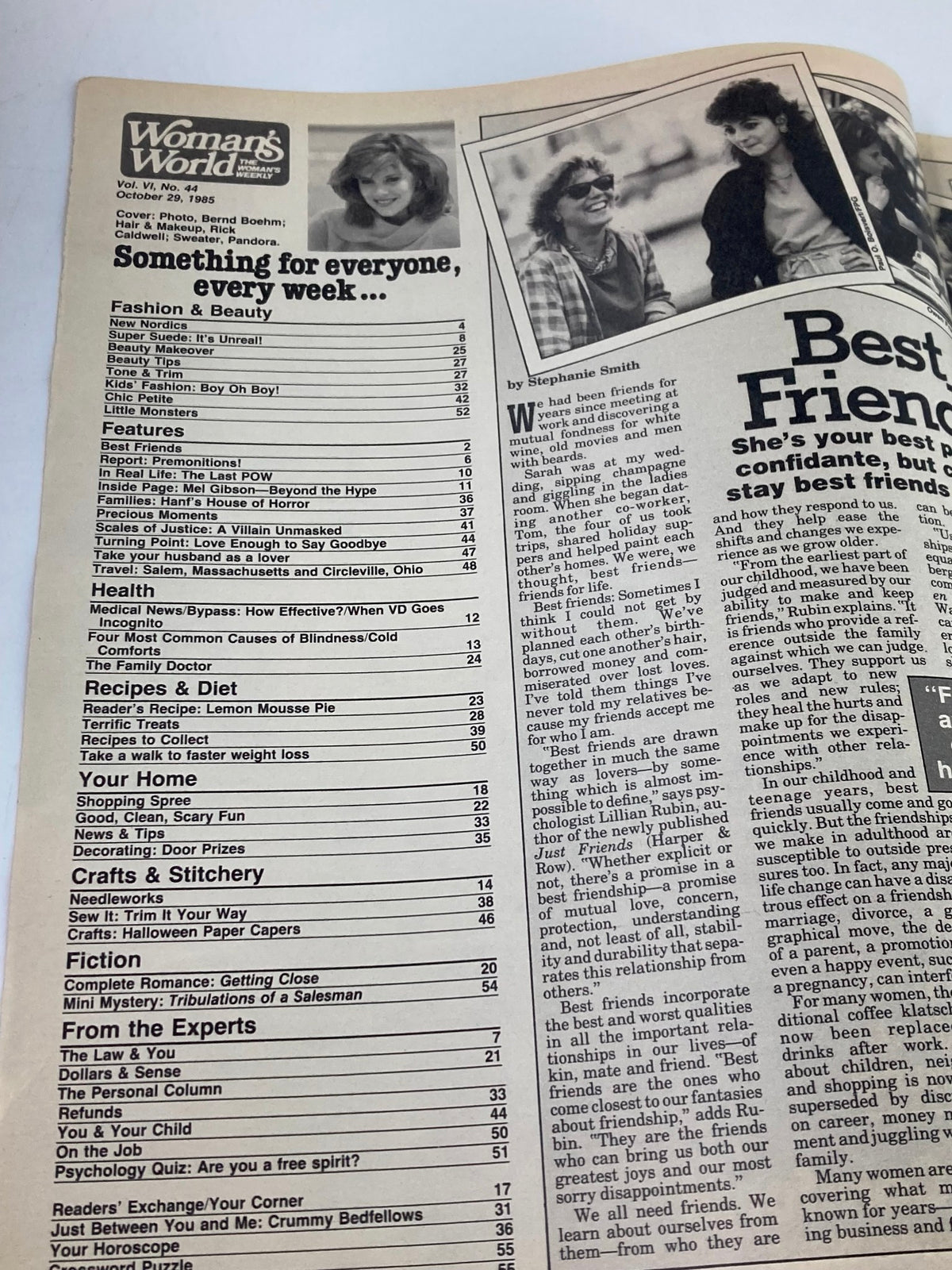 Inside page of Woman's World Magazine October 29, 1985, showcasing the table of contents with articles on health, features, recipes, and crafts. Includes information on friendship and nutrition.