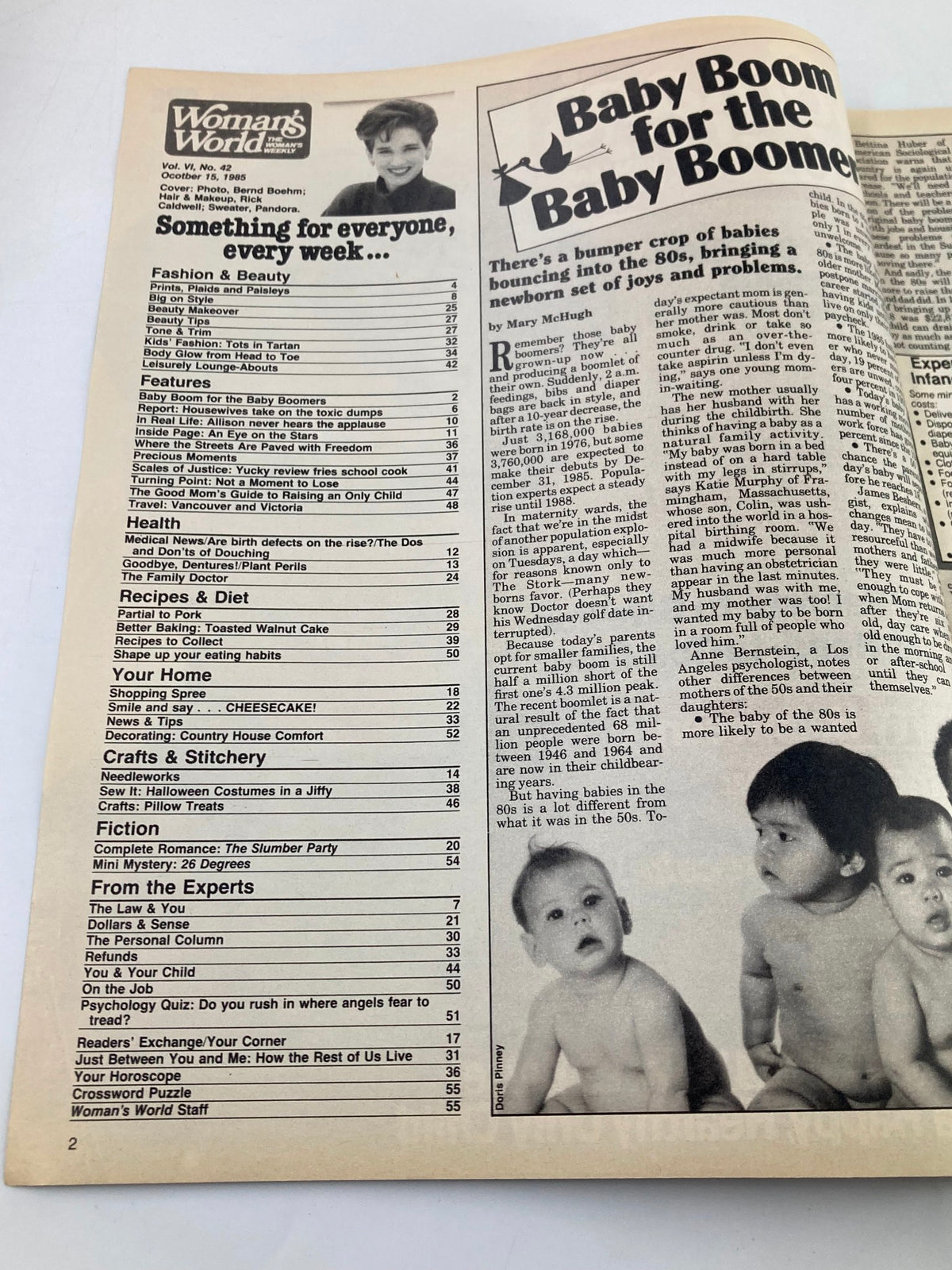 Inside page of Woman's World Magazine October 15, 1985, featuring the table of contents and an article titled 'Baby Boom for the Baby Boomers' discussing the increase in birth rates during the 1980s.