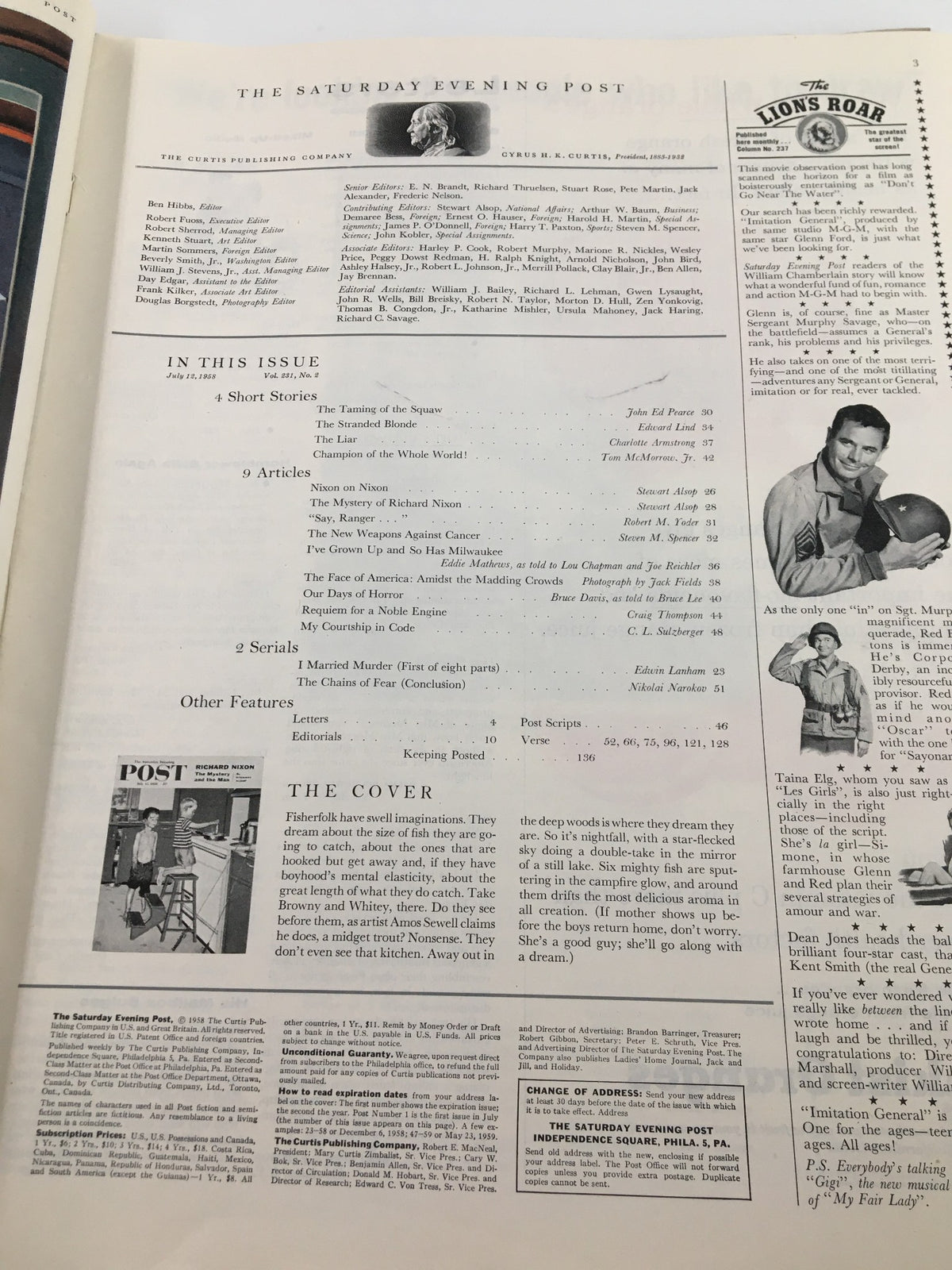 Inside page of The Saturday Evening Post, July 12, 1958, detailing the table of contents and articles, including a focus on Richard Nixon, reflecting the magazine's historical context.