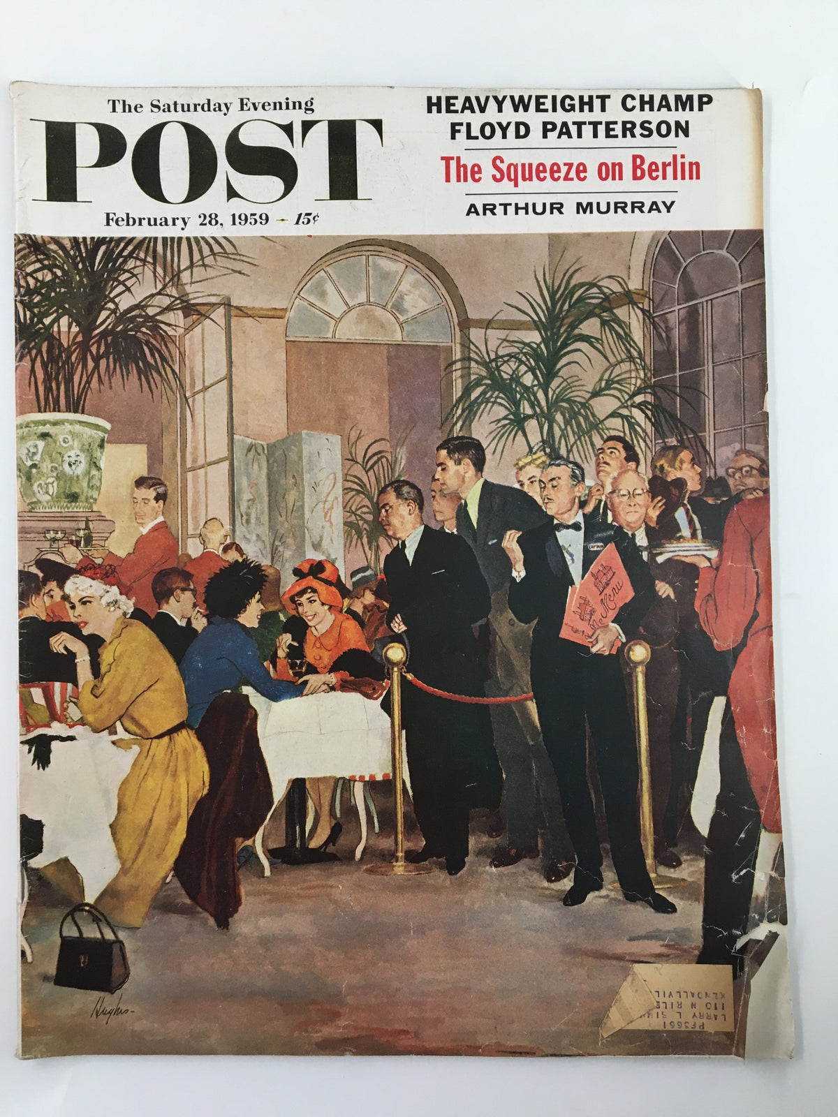 Cover of The Saturday Evening Post from February 28, 1959, featuring Heavyweight Champion Floyd Patterson, with vibrant illustrations depicting a restaurant scene and cultural moments from the late 1950s.