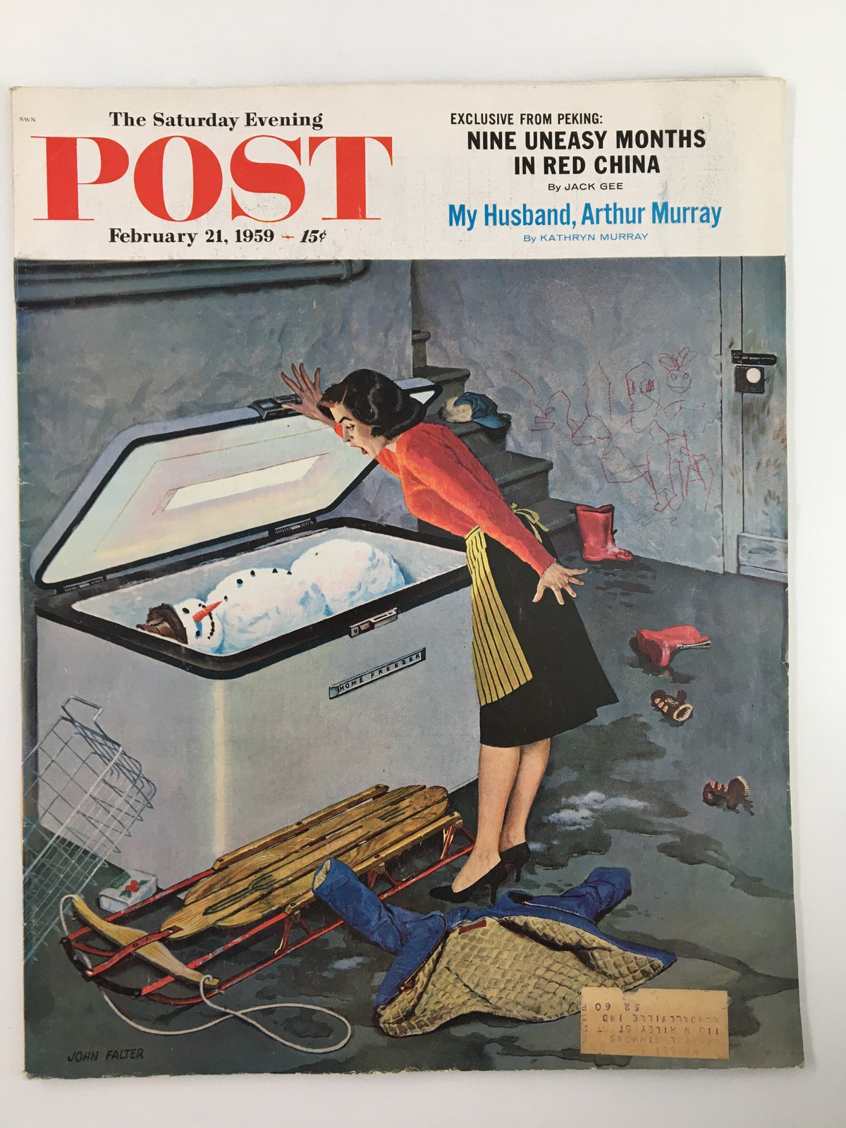 Cover of The Saturday Evening Post February 21 1959 featuring the article 'Nine Uneasy Months in Red China' with an illustration showing a woman shocked at the contents of a freezer, highlighting vintage magazine art.