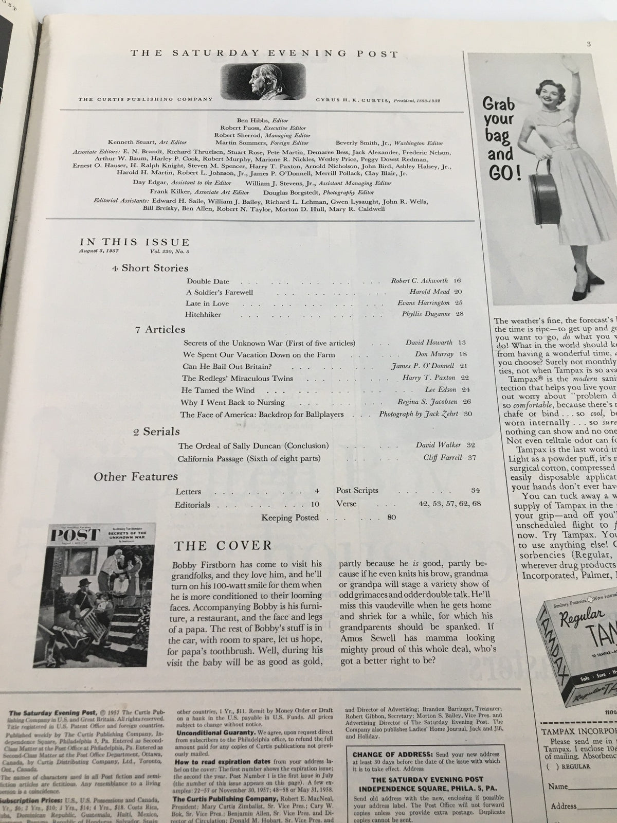 Contents page of The Saturday Evening Post August 3 1957 listing articles and features, showcasing mid-century magazine design.