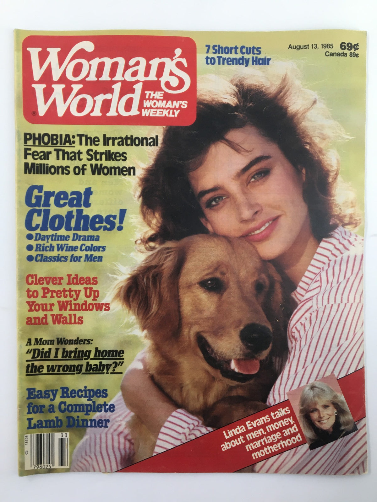 Cover of Woman's World Magazine, August 13, 1985, featuring Linda Evans discussing men, marriage, and motherhood, alongside a golden retriever. Highlights include fashion tips, dining recipes, and advice for women, encapsulating the essence of the magazine's focus on women's interests.