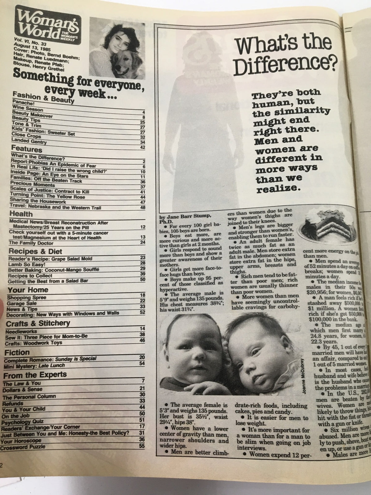 Page from Woman's World Magazine August 13 1985 featuring an article titled 'What's the Difference?' discussing gender differences with accompanying images of two babies and magazine contents overview.