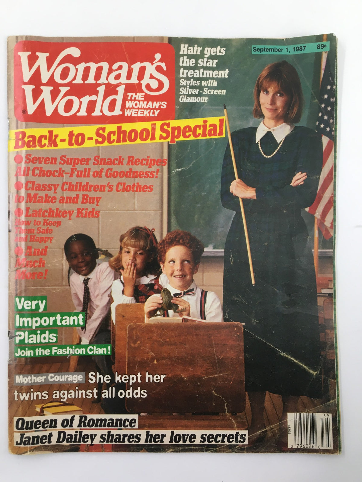 Cover of Woman's World Magazine September 1 1987 featuring 'Janet Dailey Queen of Romance.' The magazine highlights a Back-to-School special with articles on children's fashion and snack recipes, and features a teacher with students.