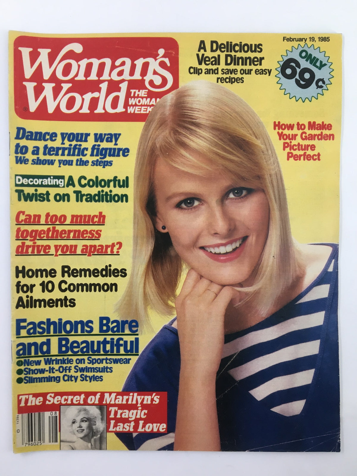 Cover of Woman's World Magazine dated February 19, 1985, featuring the title 'Marilyn Monroe's Tragic Love' with a smiling blonde woman wearing a striped top along with various magazine highlights.