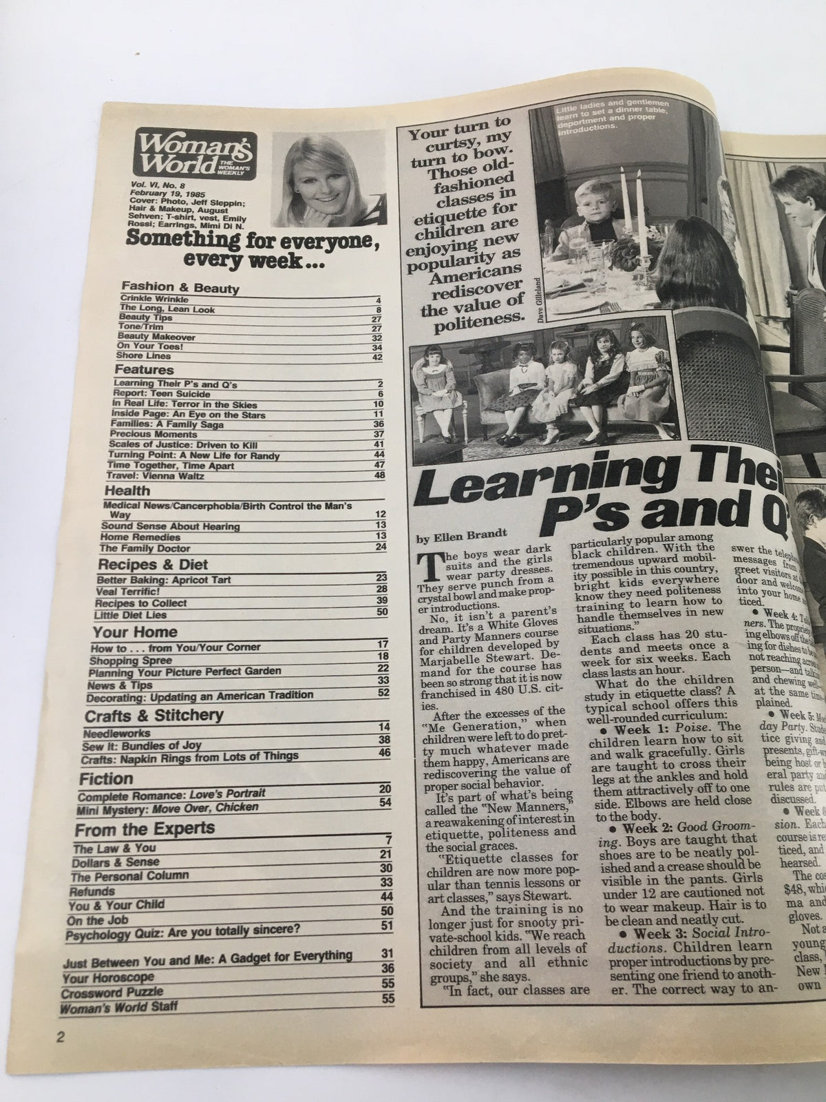 Interior page index of Woman's World Magazine February 19, 1985, showcasing articles and topics including 'Fashion & Beauty', 'Health', and a feature on children's etiquette.