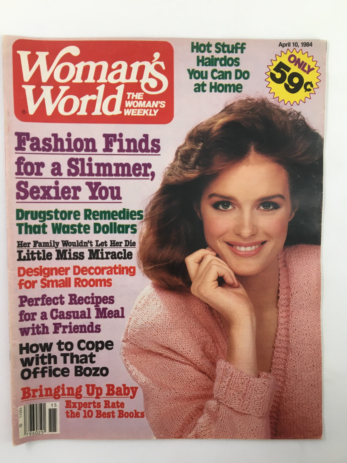 Cover of Woman's World Magazine April 10 1984 featuring the title 'How To Cope with That Office Bozo'. The cover includes headlines about fashion, beauty, and lifestyle tips, showcasing a woman with brown hair wearing a pink sweater.